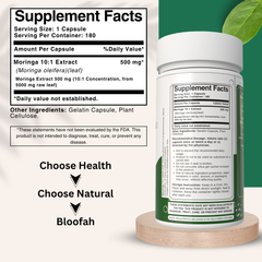 Bloofah Moringa Capsules 500mg | Natural Superfood Supplement for Vitality | 100% Pure Moringa Oleifera Leaf Extract 10:1 Powder | Nutrient-Rich Vegetarian Green Superfood