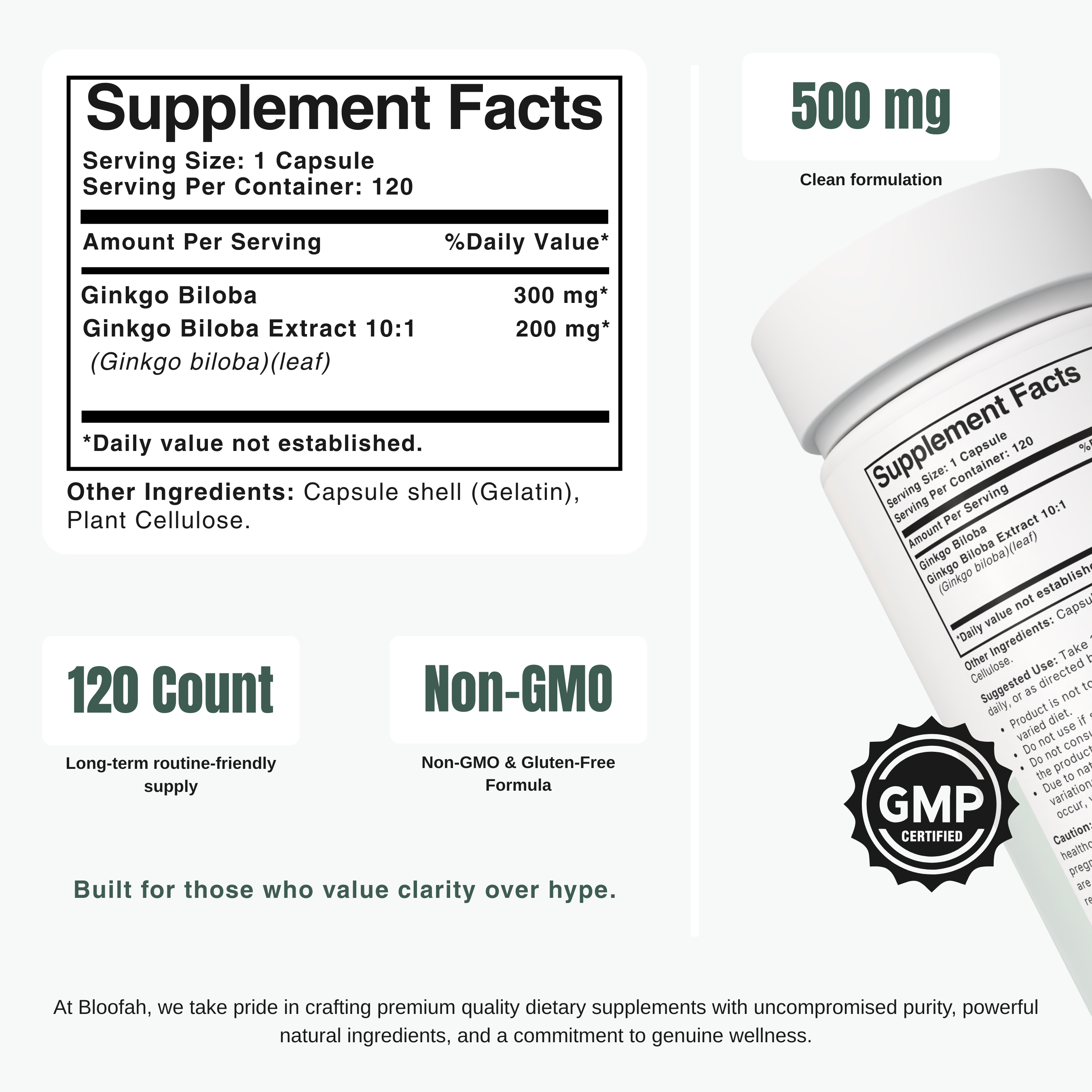 Bloofah GB Ginkgo Biloba Capsules 500mg | Ginkgo biloba Leaf Extract | 120 Capsules