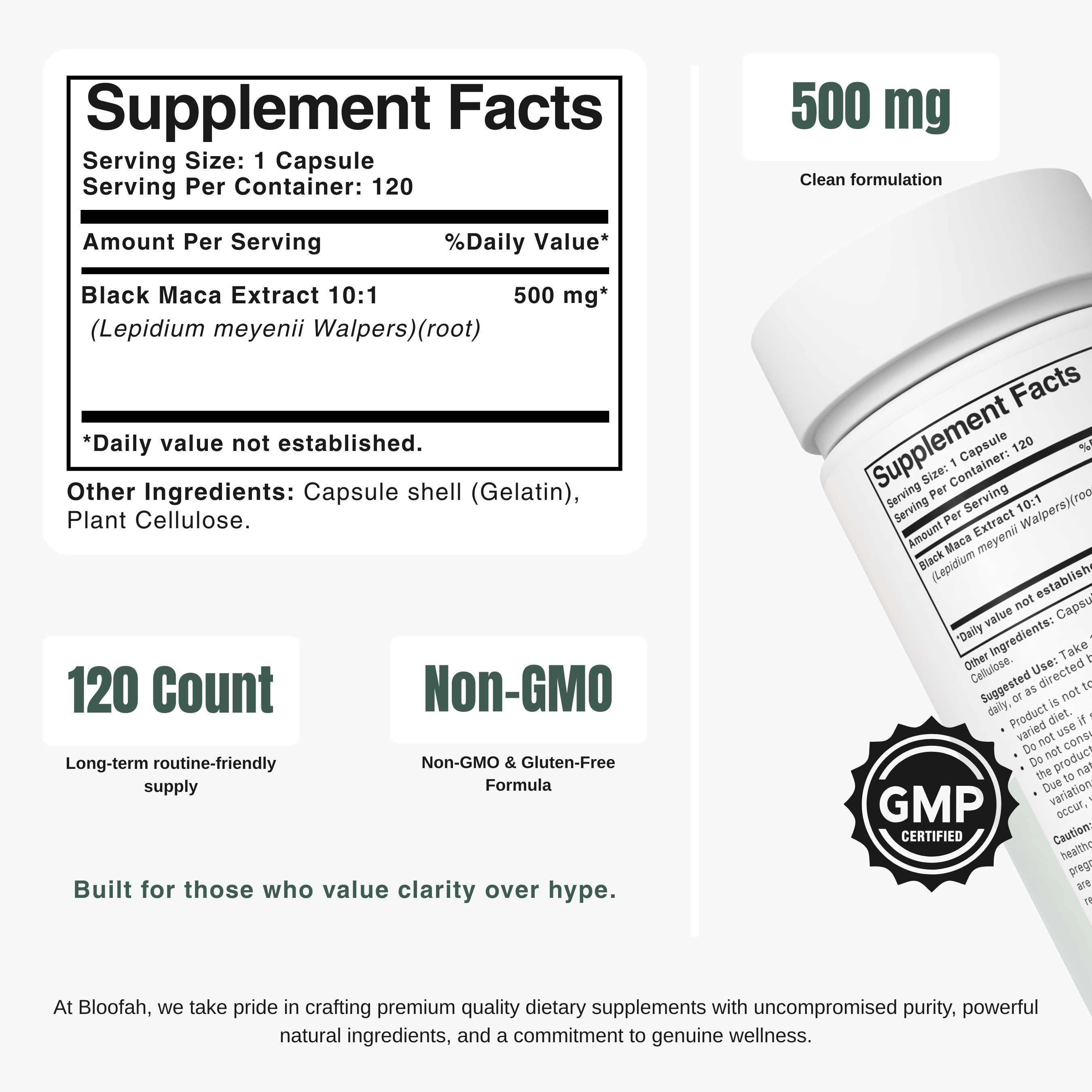 Bloofah BM – Black Maca Capsules 500mg | Energy & Vitality Support (120 Capsules)
