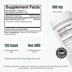 Bloofah BM – Black Maca Capsules 500mg | Energy & Vitality Support (120 Capsules)
