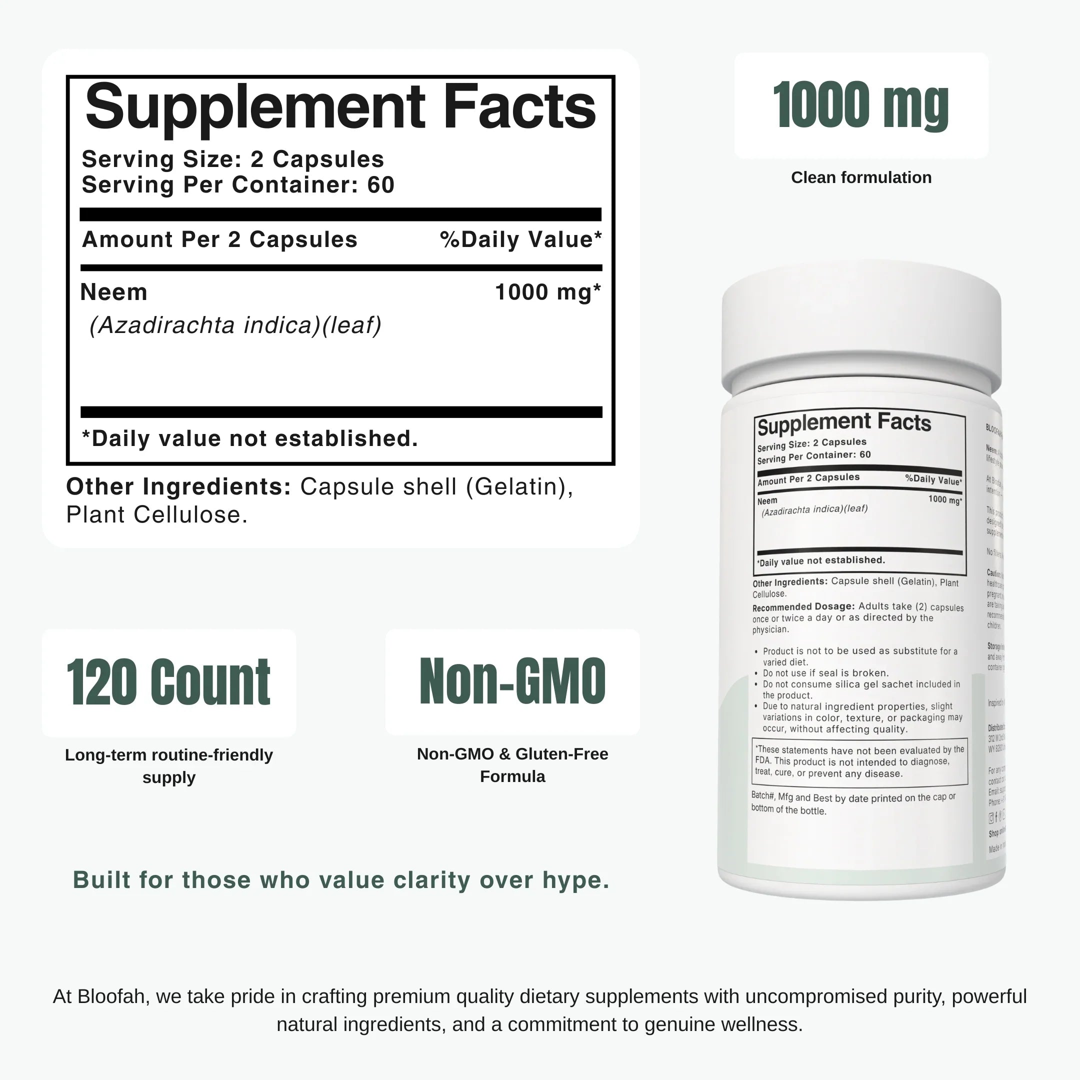 Bloofah NL – Neem Capsules 1000mg | Skin & Internal Balance Support (120 Capsules)