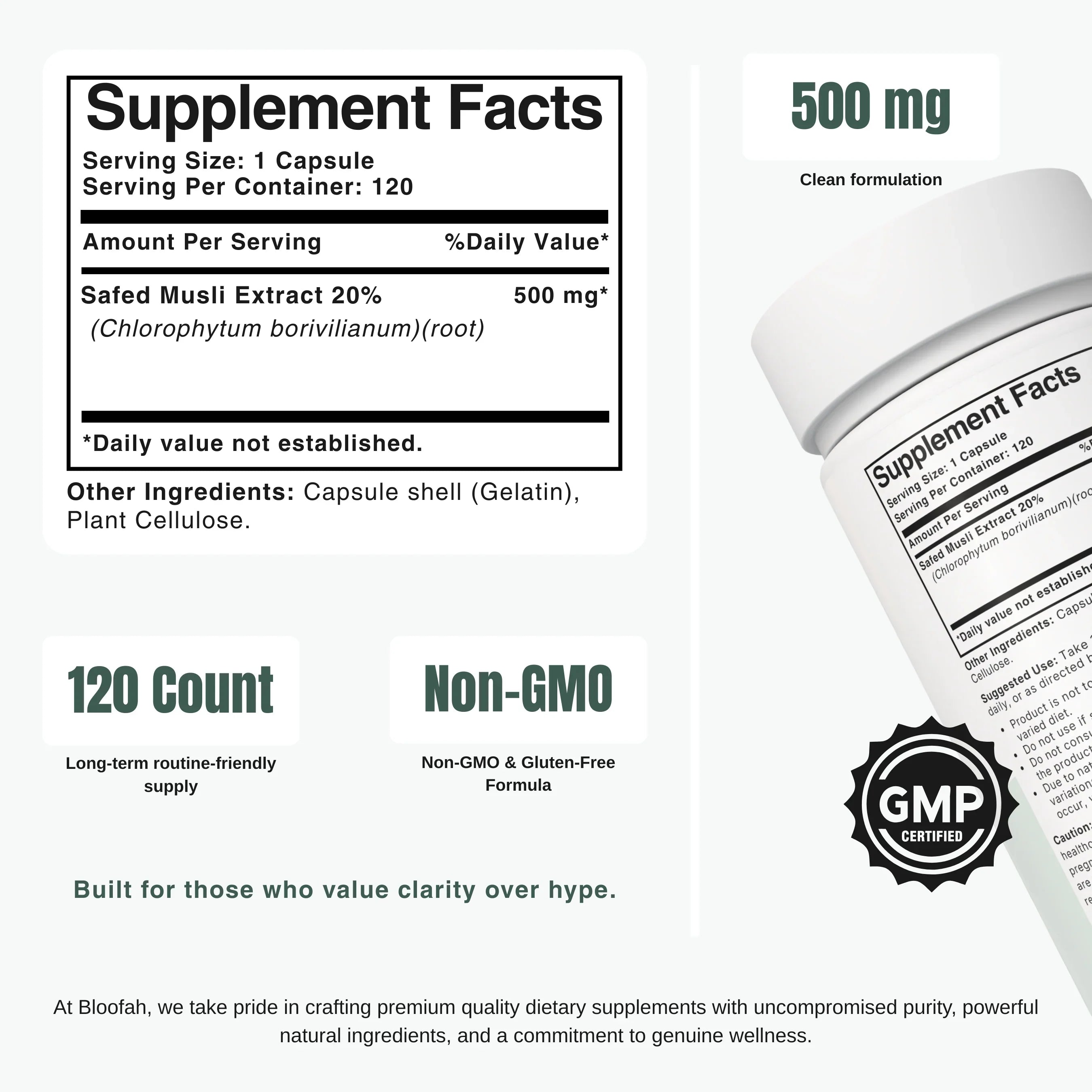 Bloofah SM Safed Musli Capsules 500mg | Chlorophytum borivilianum Root Extract | 120 Capsules