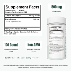 Bloofah BP – Black Pepper Capsules 500mg | Absorption & Digestion Support (120 Capsules)