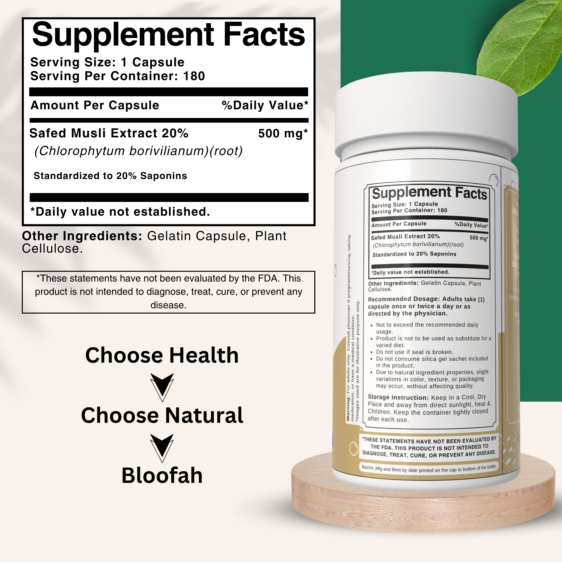 Bloofah Safed Musli Capsules 500mg | Non-GMO, Gluten Free, Natural Herbal Supplements | 100% Pure, Organic Safed Musli Extract 20% (Chlorophytum borivilianum) Powder Extra Strength