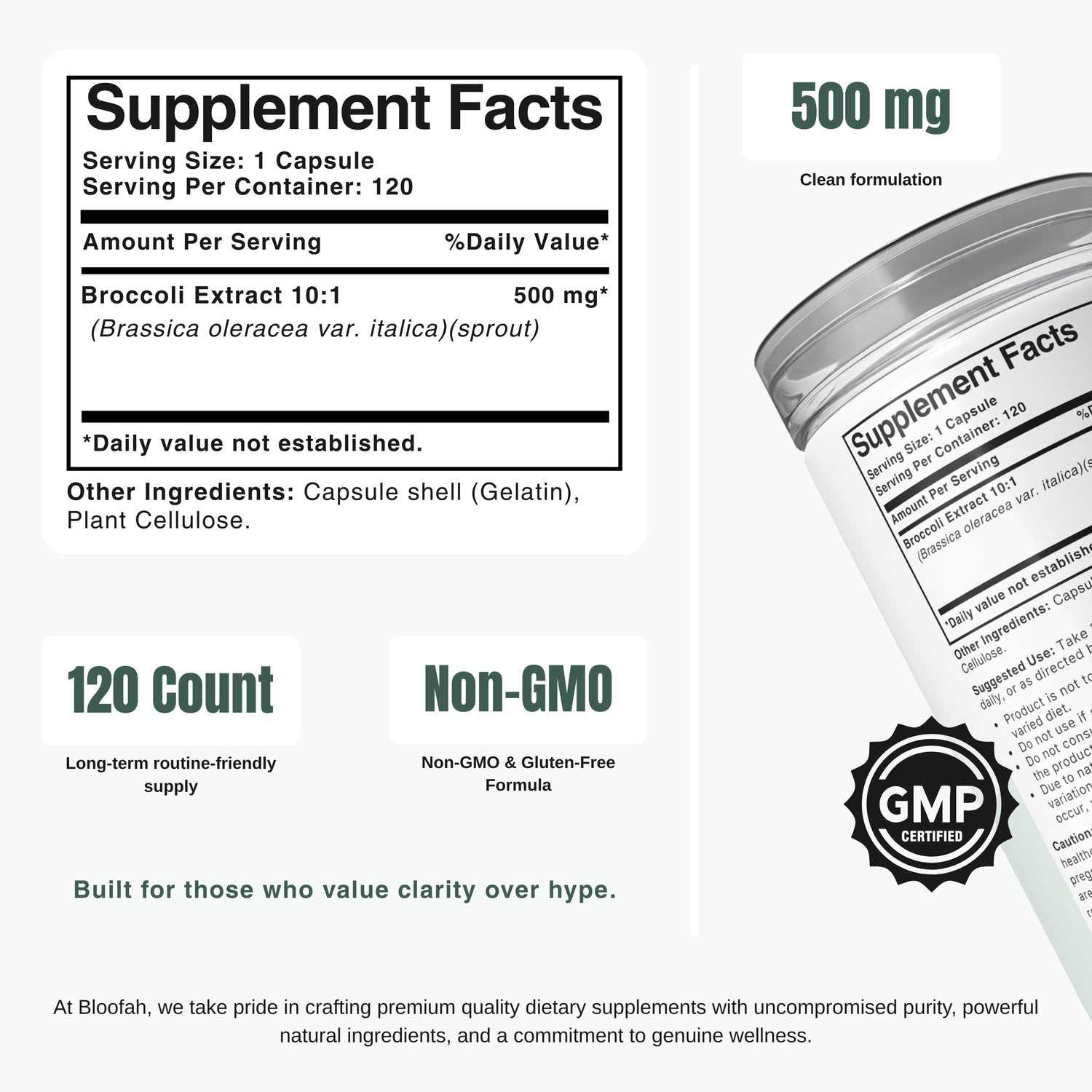 Bloofah BS Broccoli Sprout Capsules 500mg | Sulforaphane-Rich Brassica Extract | 120 Capsules