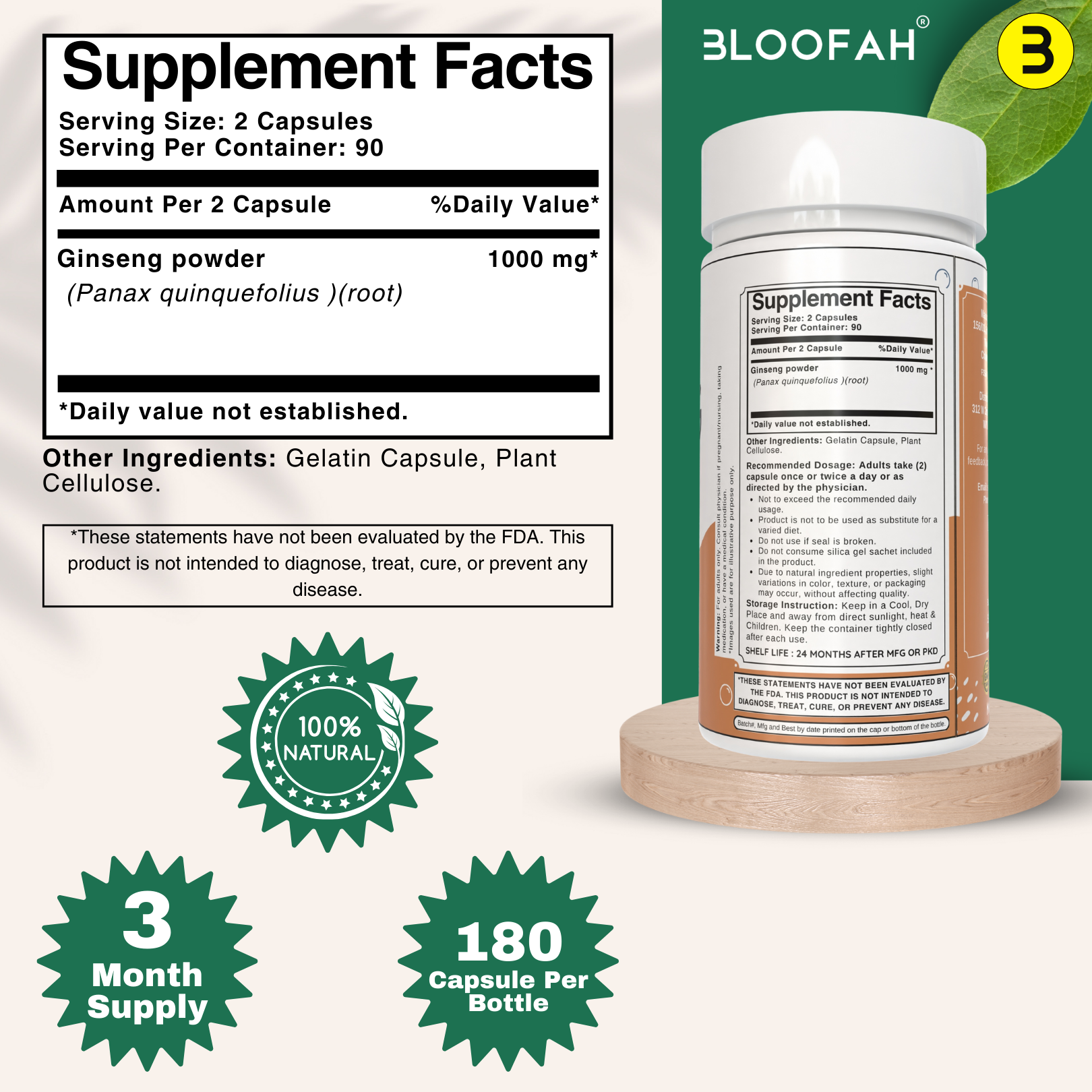 Bloofah Ginseng Capsules 1000mg | Natural Clean Supplement | 100% Pure Ginseng Root Powder Extra Strength, Non-GMO, Gluten-Free Formula Herbal Supplement for Overall Health