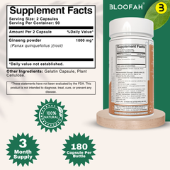 Bloofah Ginseng Capsules 1000mg | Natural Clean Supplement | 100% Pure Ginseng Root Powder Extra Strength, Non-GMO, Gluten-Free Formula Herbal Supplement for Overall Health