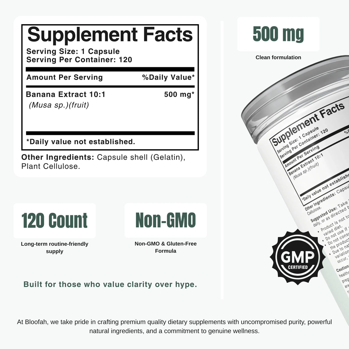 Bloofah BN Banana Capsules 500mg | Musa spp. Fruit Extract | 120 Capsules