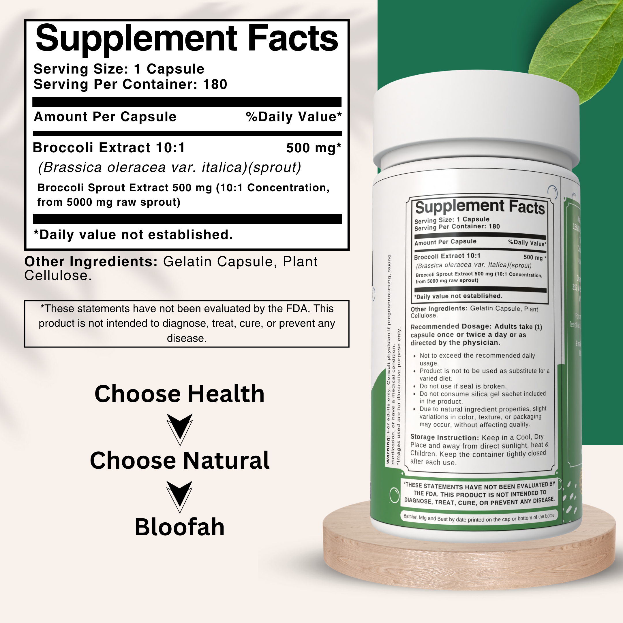 Bloofah Broccoli Sprout Extract Supplement 500mg | Broccoli Sprout (Brassica oleracea VAR. Italica) Extract 10:1 Powder | 100% Pure, Natural, Gluten-Free Formula Herbal Supplements
