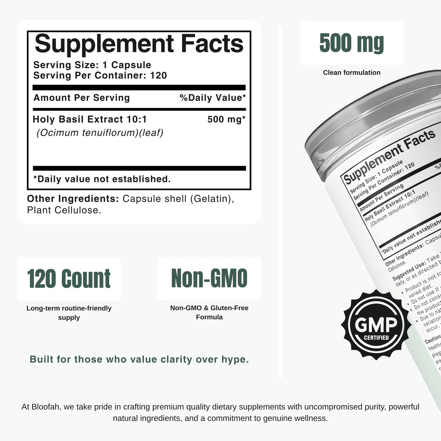 Bloofah HB Holy Basil Capsules 500mg | Ocimum tenuiflorum (Tulsi) Extract | 120 Capsules