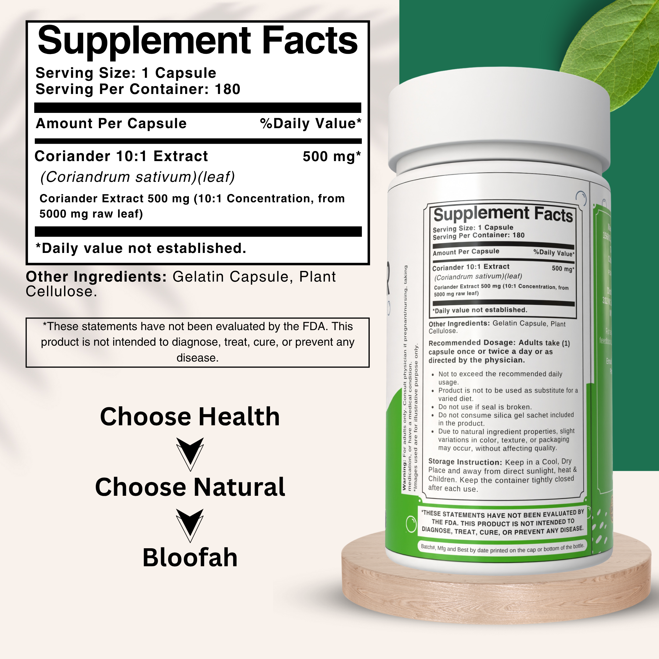 Bloofah Coriander Leaf Extract Capsules 500mg | Pure Coriander (Coriandrum sativum) Leaf Powder Extra Stength Eq. to 5000mg Per Serving | Rich Vitamin A & C | Natural Body Cleansing & Detox