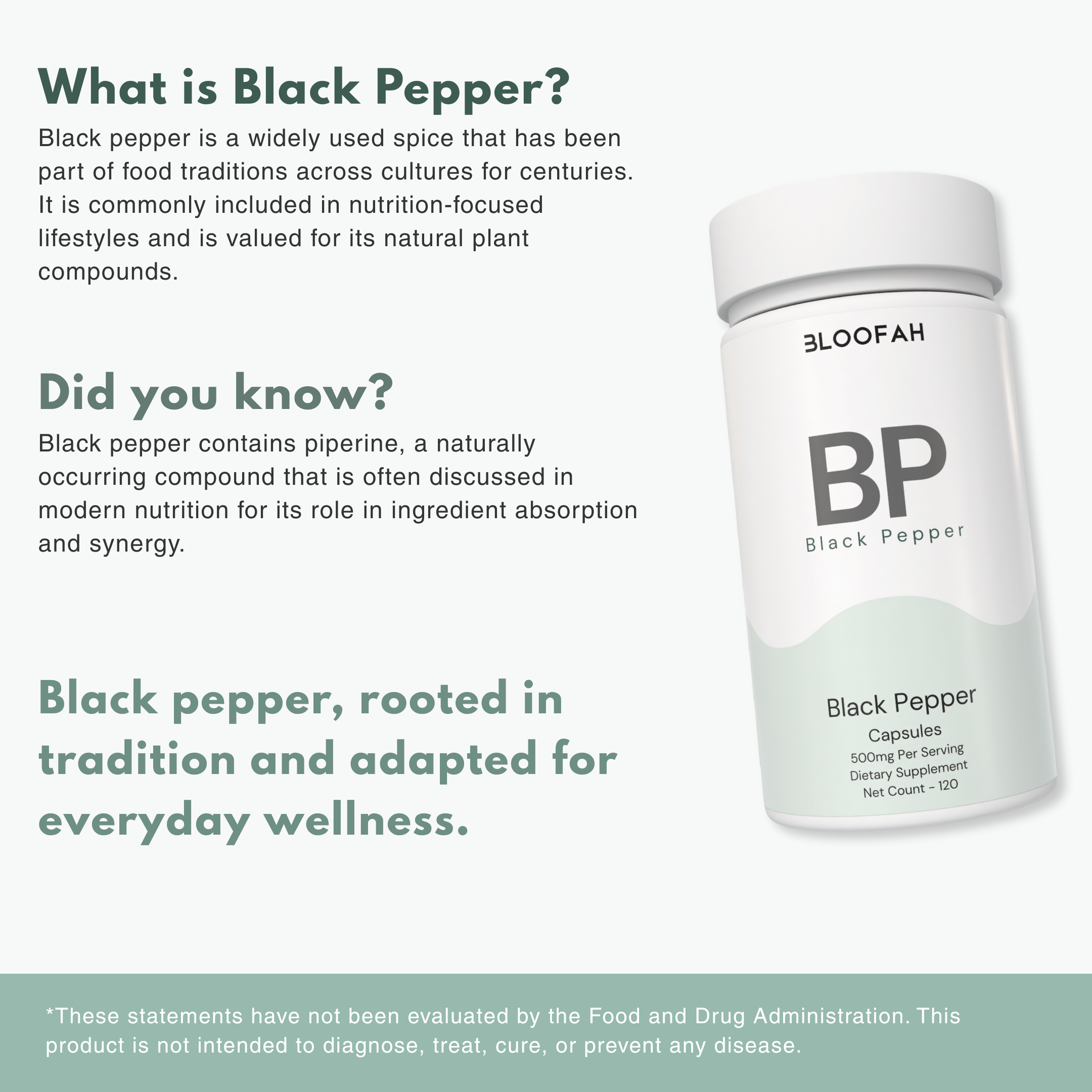 Bloofah BP – Black Pepper Capsules 500mg | Absorption & Digestion Support (120 Capsules)
