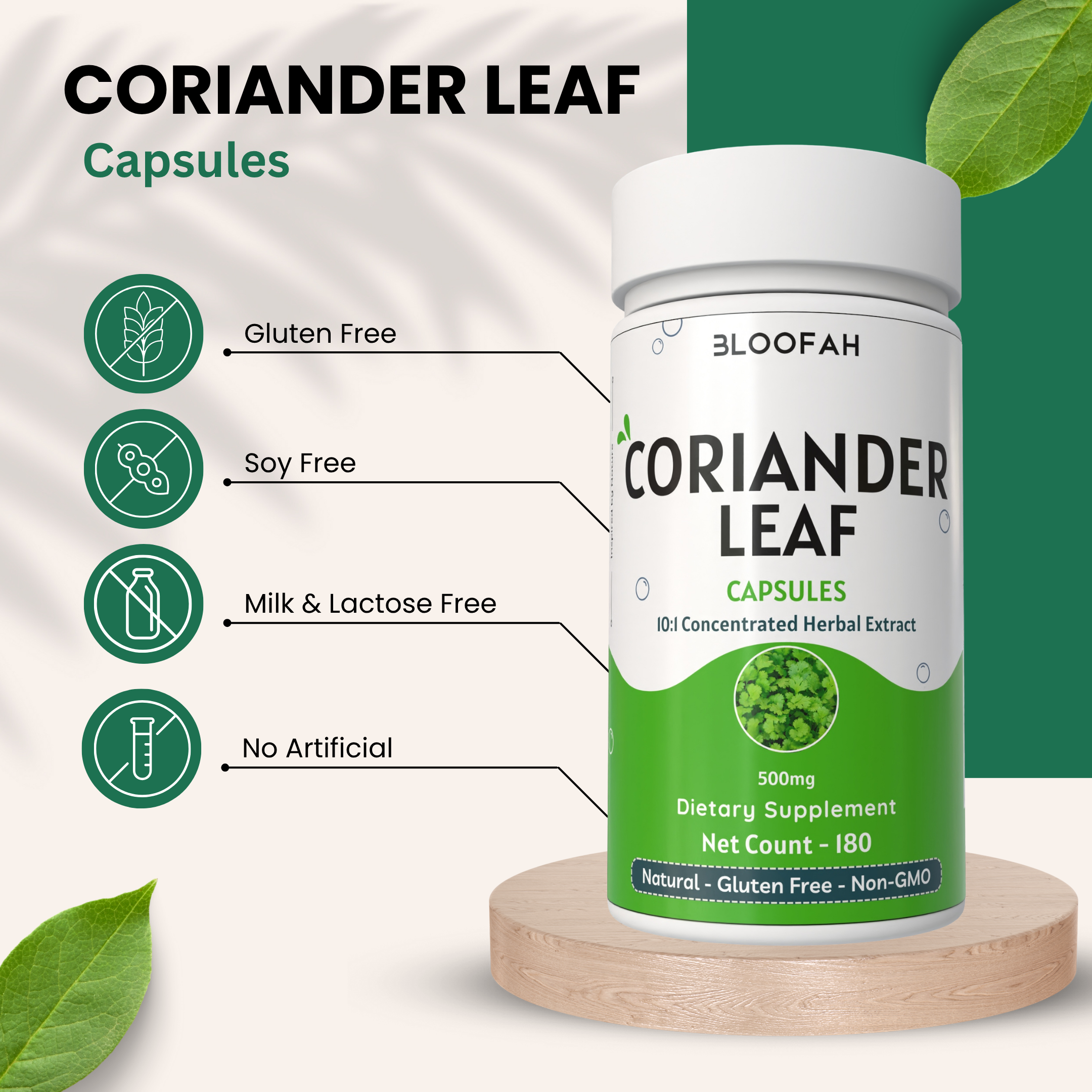 Bloofah Coriander Leaf Extract Capsules 500mg | Pure Coriander (Coriandrum sativum) Leaf Powder Extra Stength Eq. to 5000mg Per Serving | Rich Vitamin A & C | Natural Body Cleansing & Detox