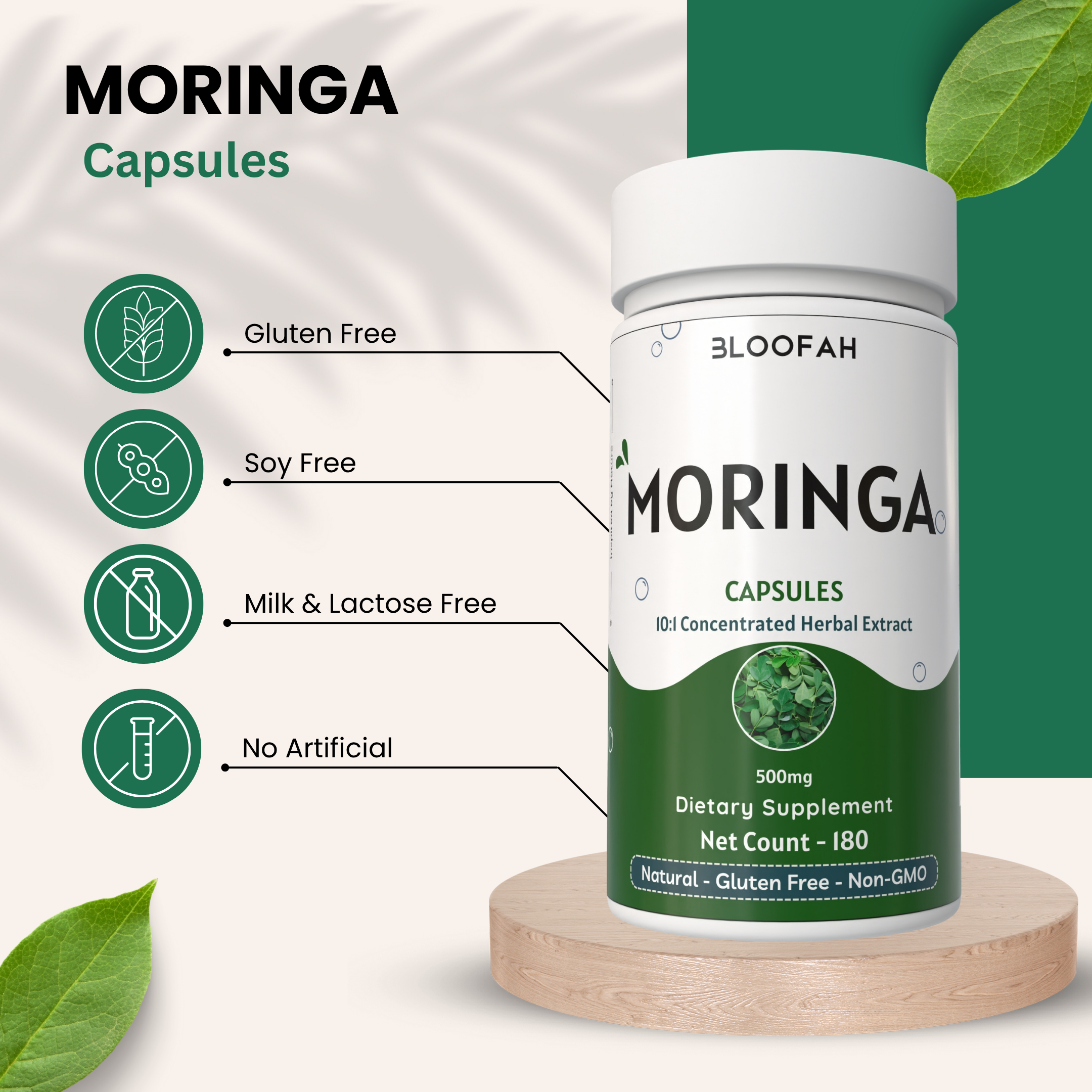 Bloofah Moringa Capsules 500mg | Natural Superfood Supplement for Vitality | 100% Pure Moringa Oleifera Leaf Extract 10:1 Powder | Nutrient-Rich Vegetarian Green Superfood