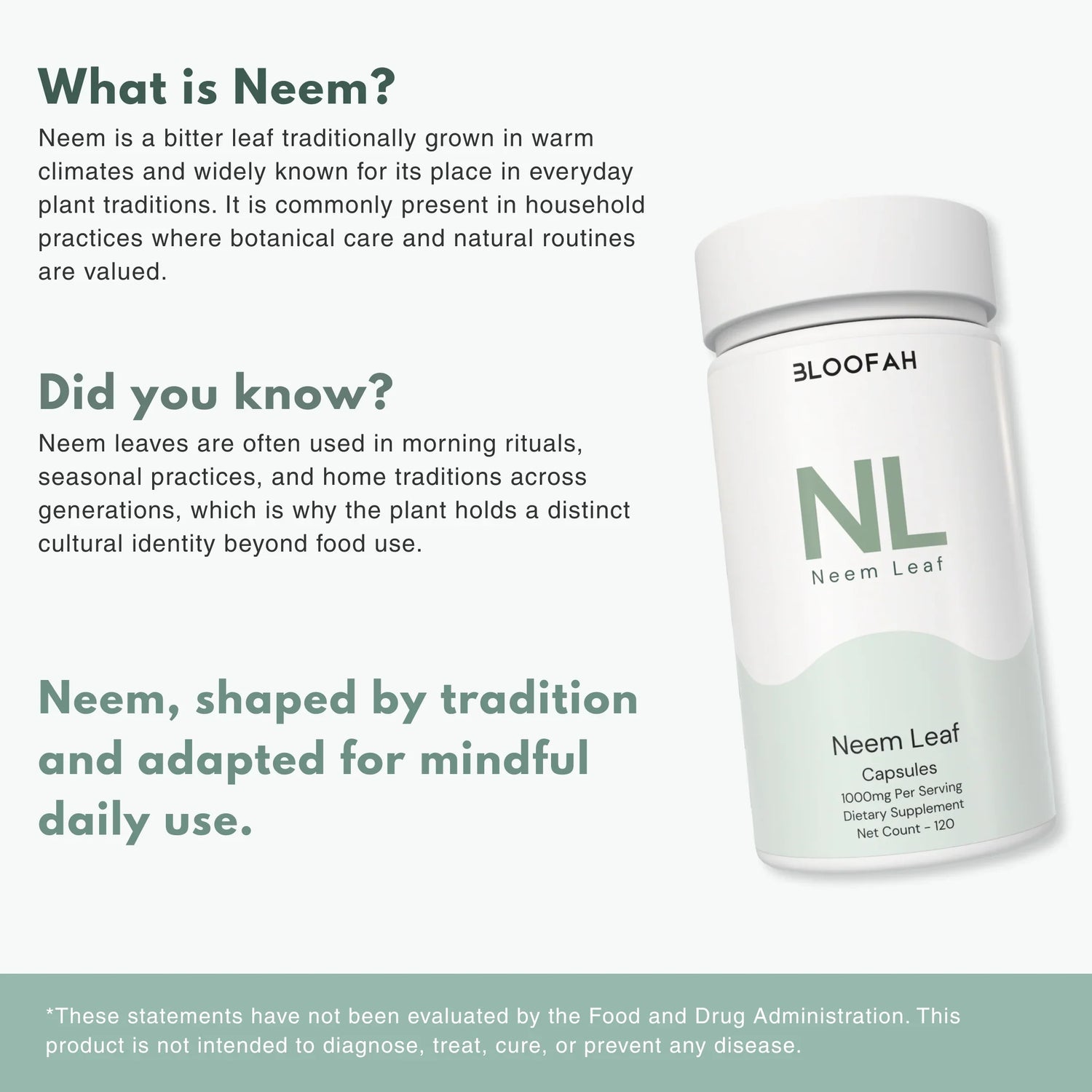 Bloofah NL Neem Capsules 1000mg | Azadirachta indica Leaf | 120 Capsules