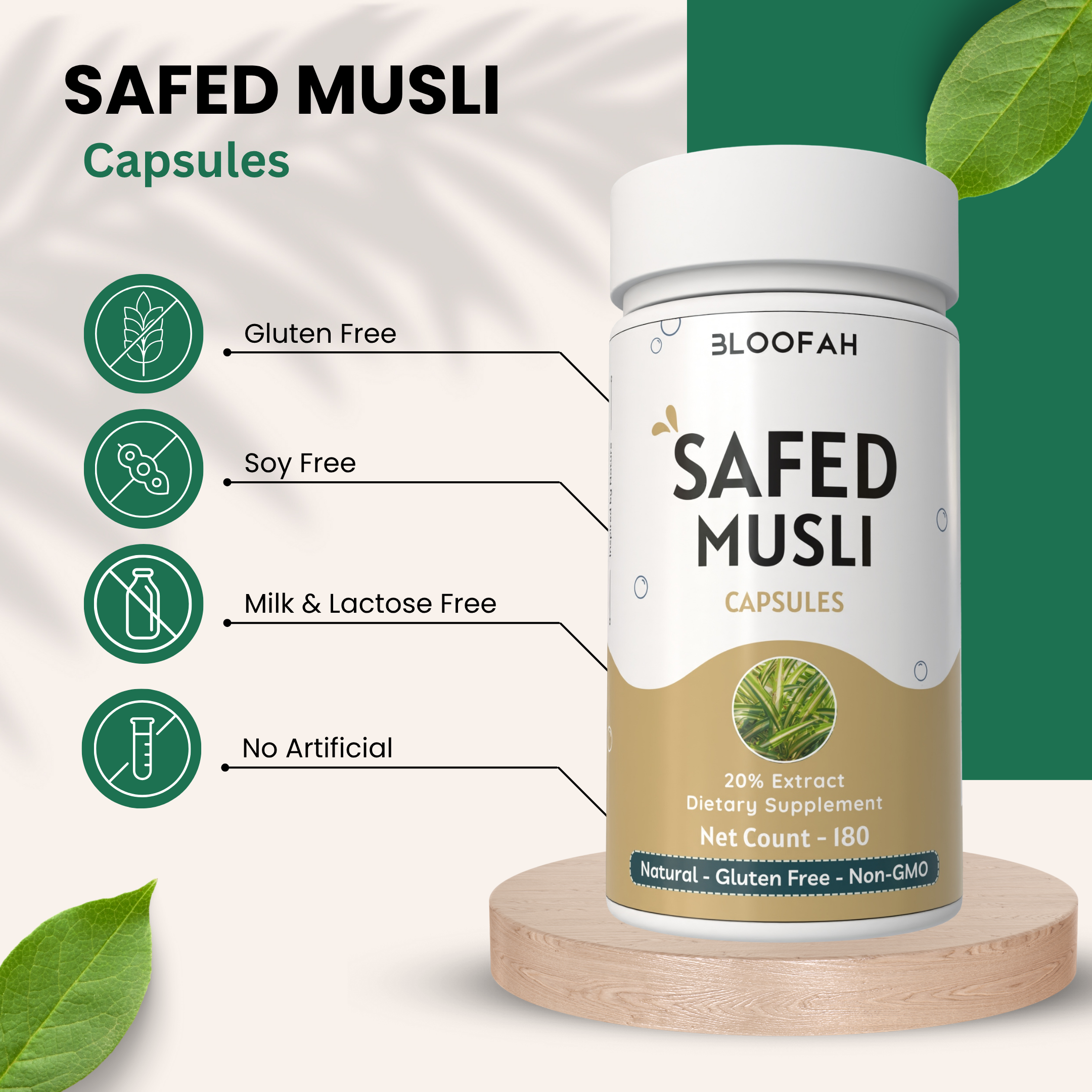 Bloofah Safed Musli Capsules 500mg | Non-GMO, Gluten Free, Natural Herbal Supplements | 100% Pure, Organic Safed Musli Extract 20% (Chlorophytum borivilianum) Powder Extra Strength