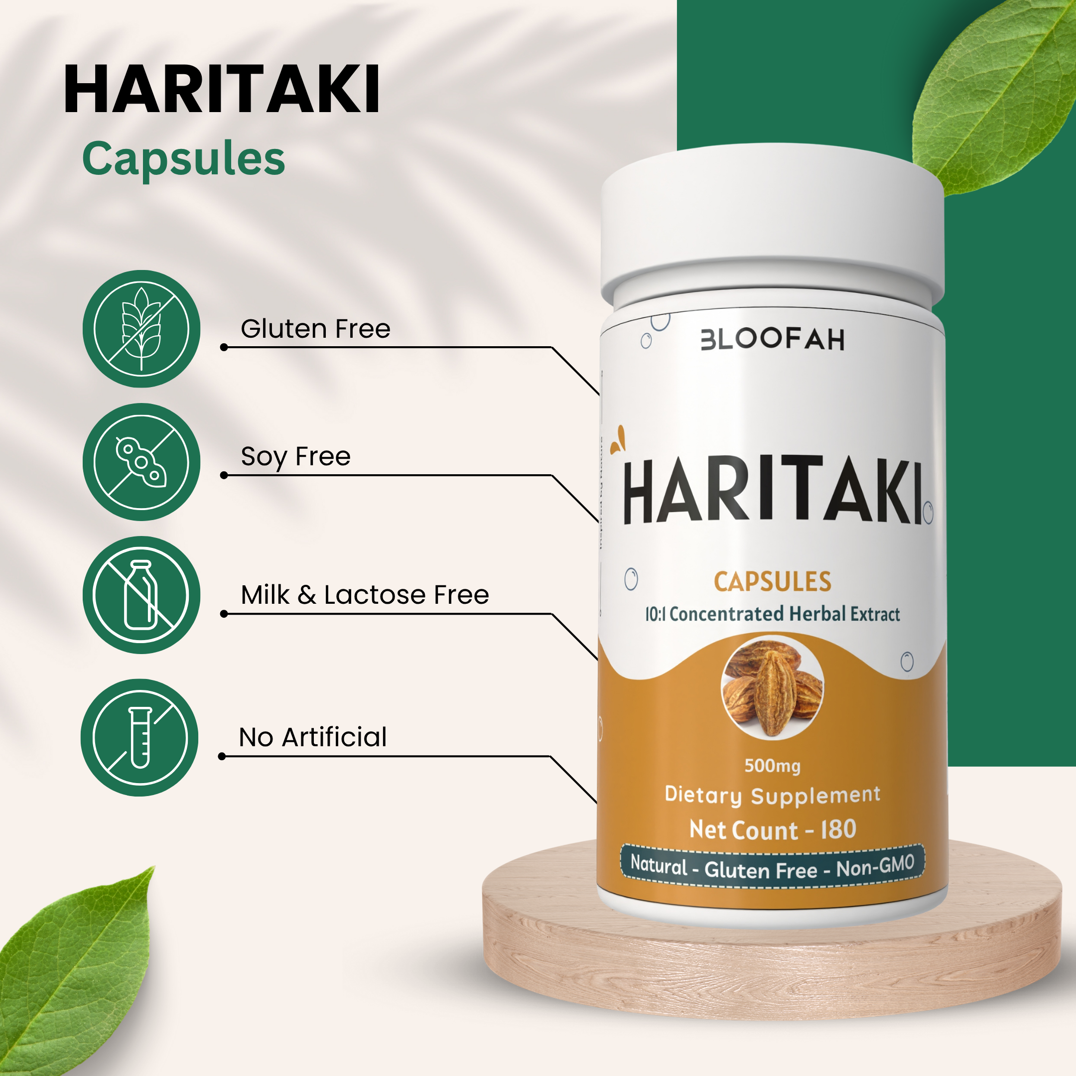 Bloofah Haritaki Capsules 500mg | Natural Digestive Health Supplement | 100% Pure Haritaki (Terminalia chebula) Fruit Extract 10:1 Powder | Non-GMO, Gluten Free Formula Herbal Supplement