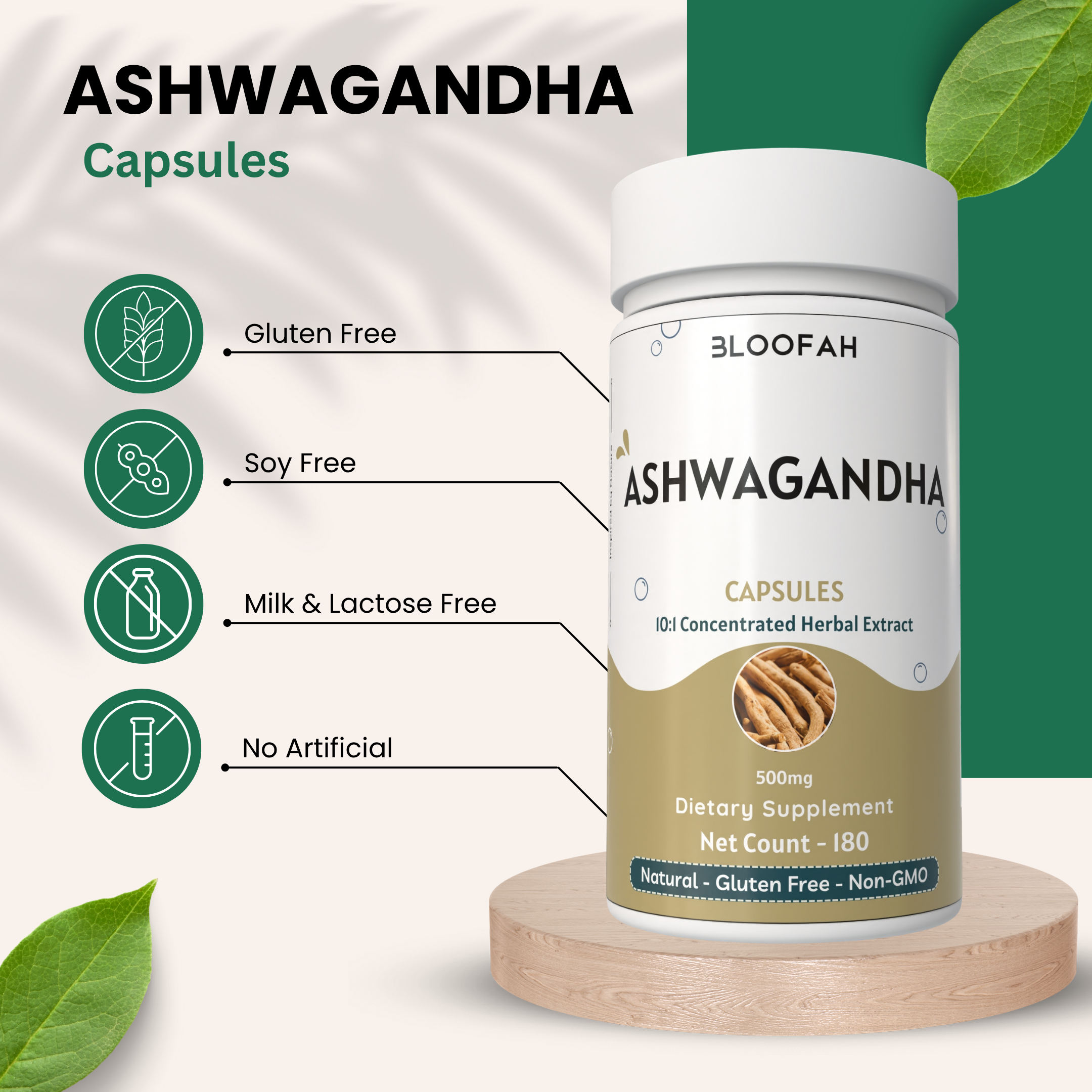 Bloofah Ashwagandha Capsules 500mg - (Withania somnifera) 10:1 Extract Powder, 100% Natural & Pure, Non-GMO, Gluten-Free, Extra Strength Herbal Suppleemnt for Men & Women