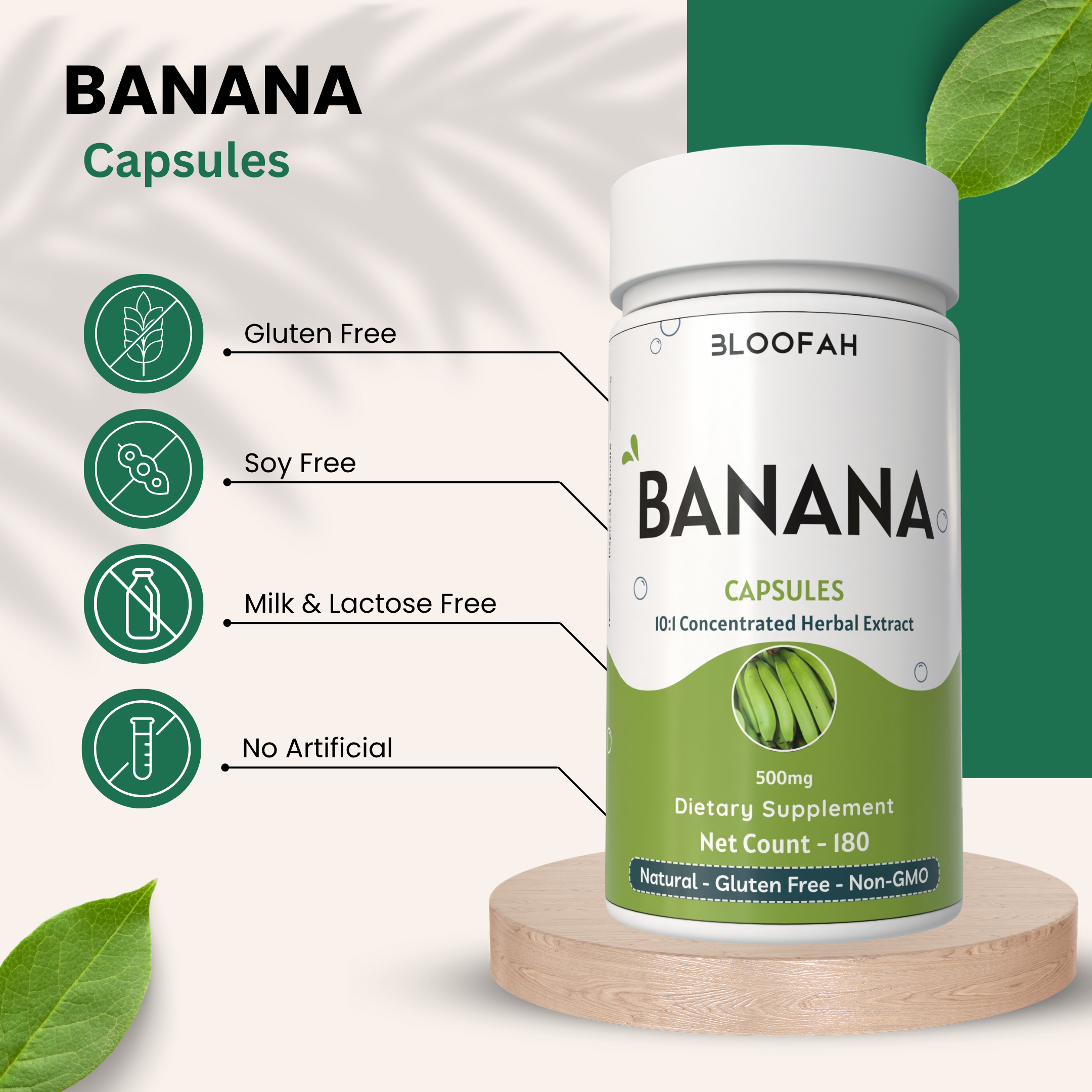 Bloofah Banana Capsules 500mg | 100% Pure Dried Banana Fruit Extract (Musa sp.) Powder Per Serving Eq. to 5000mg | Gluten Free Natural Herbal Supplement Rich in Potassium