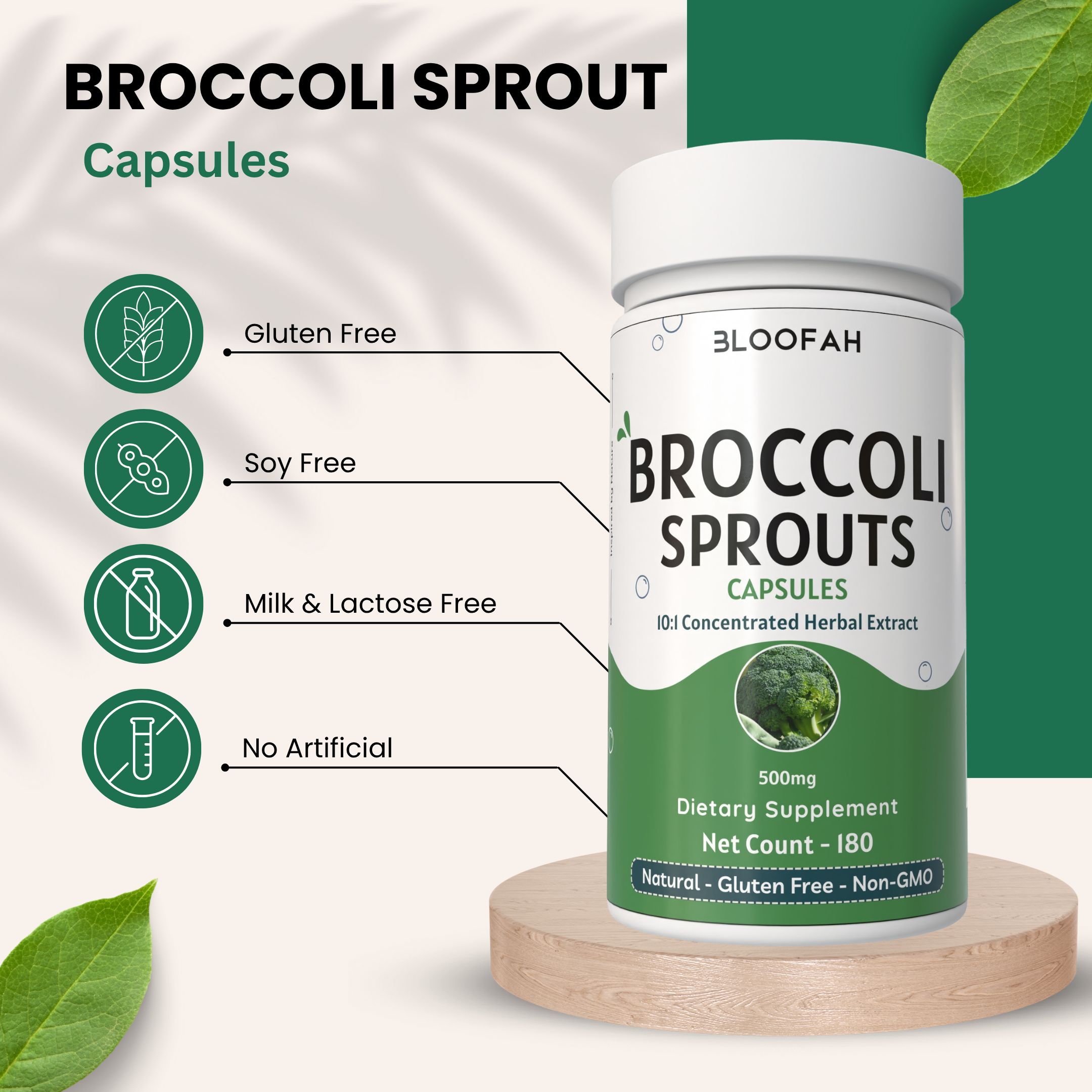 Bloofah Broccoli Sprout Extract Supplement 500mg | Broccoli Sprout (Brassica oleracea VAR. Italica) Extract 10:1 Powder | 100% Pure, Natural, Gluten-Free Formula Herbal Supplements