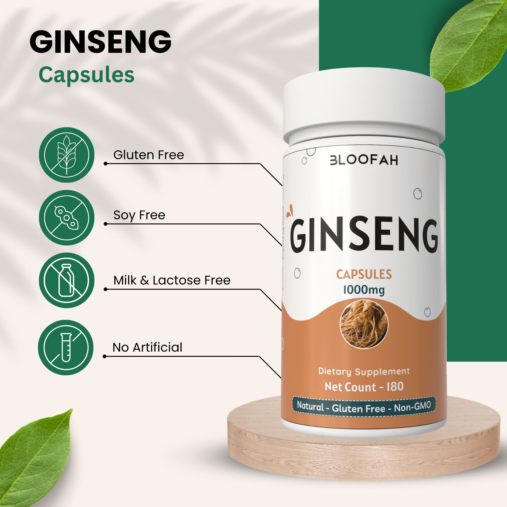 Bloofah Ginseng Capsules 1000mg | Natural Clean Supplement | 100% Pure Ginseng Root Powder Extra Strength, Non-GMO, Gluten-Free Formula Herbal Supplement for Overall Health