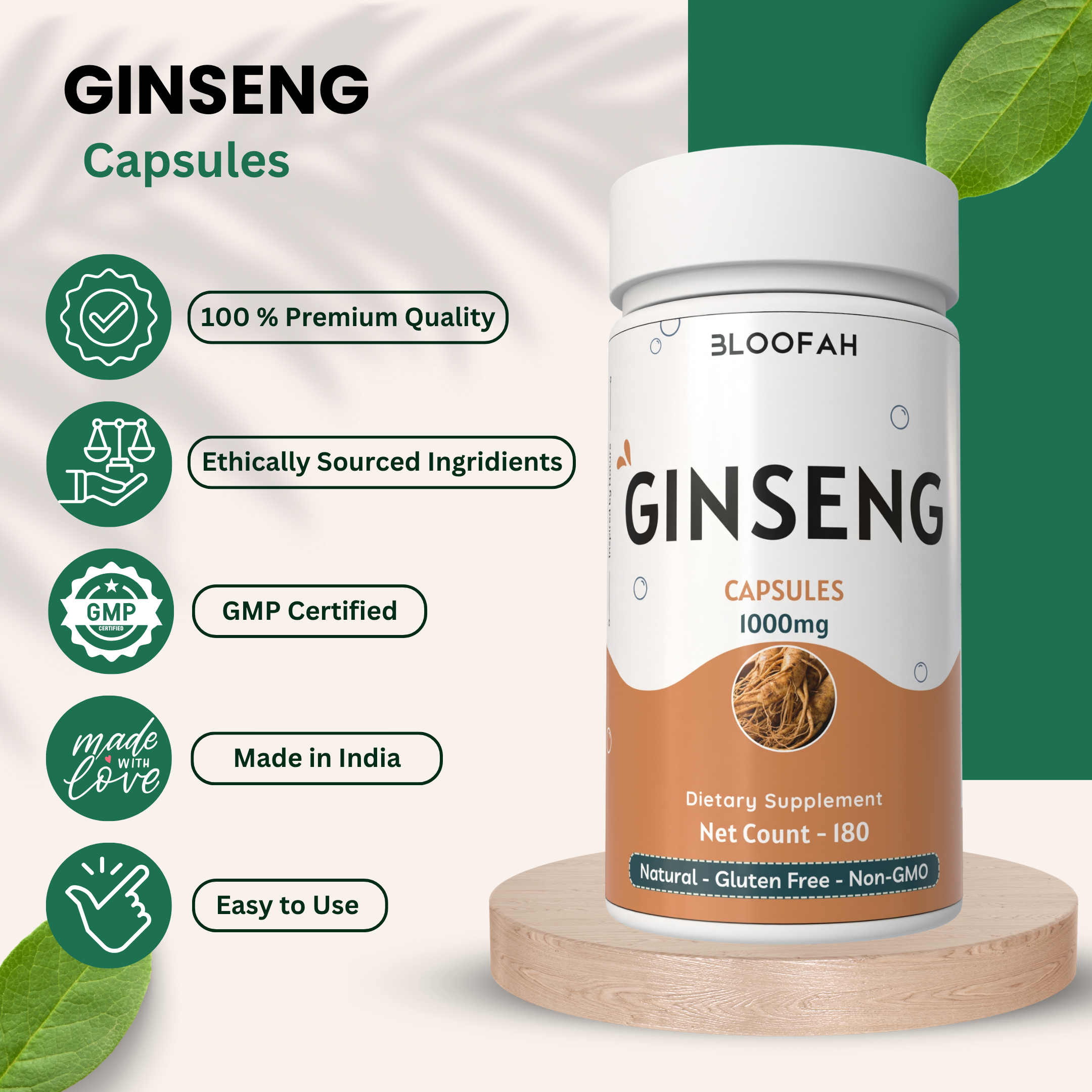 Bloofah Ginseng Capsules 1000mg | Natural Clean Supplement | 100% Pure Ginseng Root Powder Extra Strength, Non-GMO, Gluten-Free Formula Herbal Supplement for Overall Health