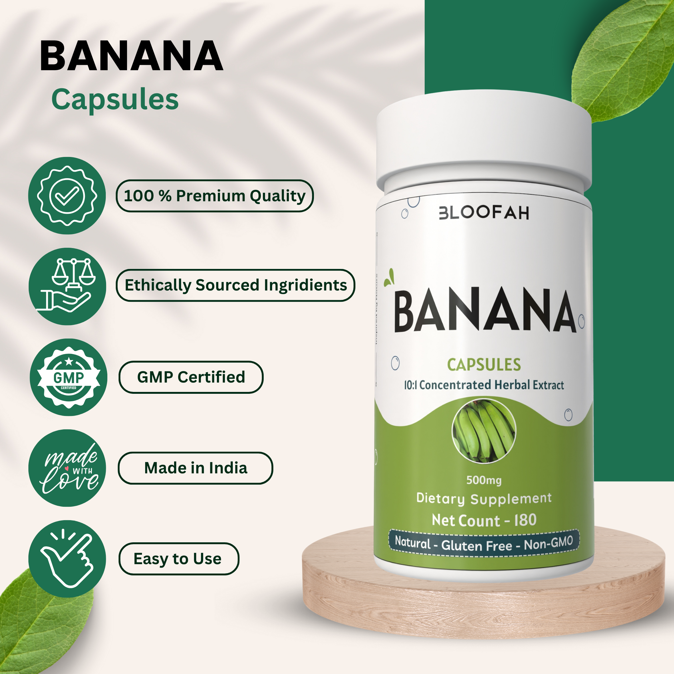Bloofah Banana Capsules 500mg | 100% Pure Dried Banana Fruit Extract (Musa sp.) Powder Per Serving Eq. to 5000mg | Gluten Free Natural Herbal Supplement Rich in Potassium