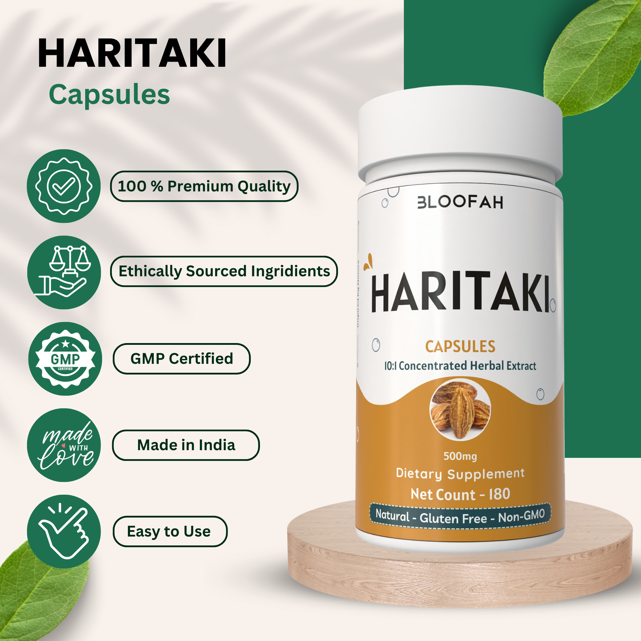 Bloofah Haritaki Capsules 500mg | Natural Digestive Health Supplement | 100% Pure Haritaki (Terminalia chebula) Fruit Extract 10:1 Powder | Non-GMO, Gluten Free Formula Herbal Supplement