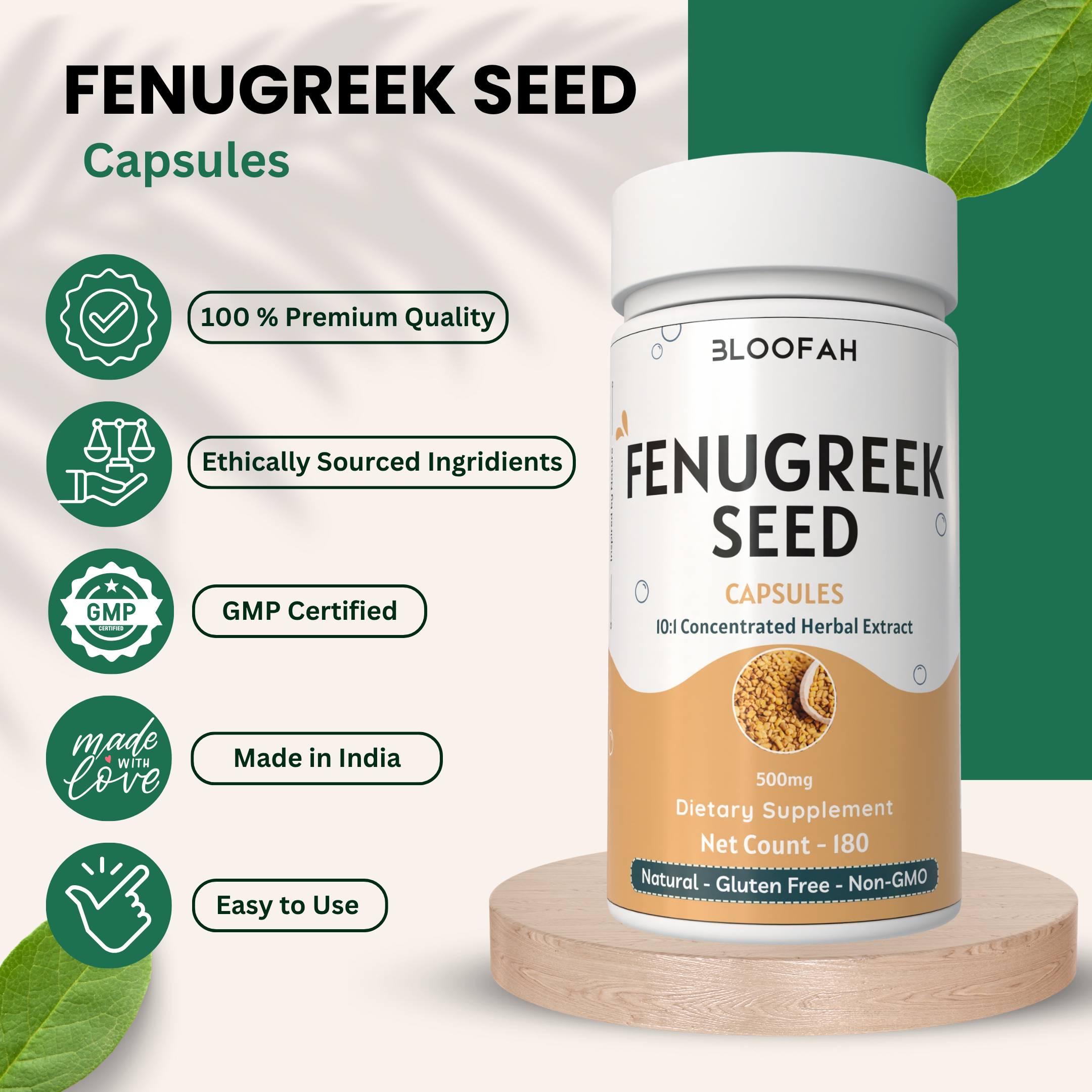 Bloofah Fenugreek Seed Capsules 500mg | 100% Natural Fenugreek Seed Extract 10:1 (Trigonella foenum-graecum) Herbal Supplement for Overall Health Well-Being | Non-GMO, Gluten Free