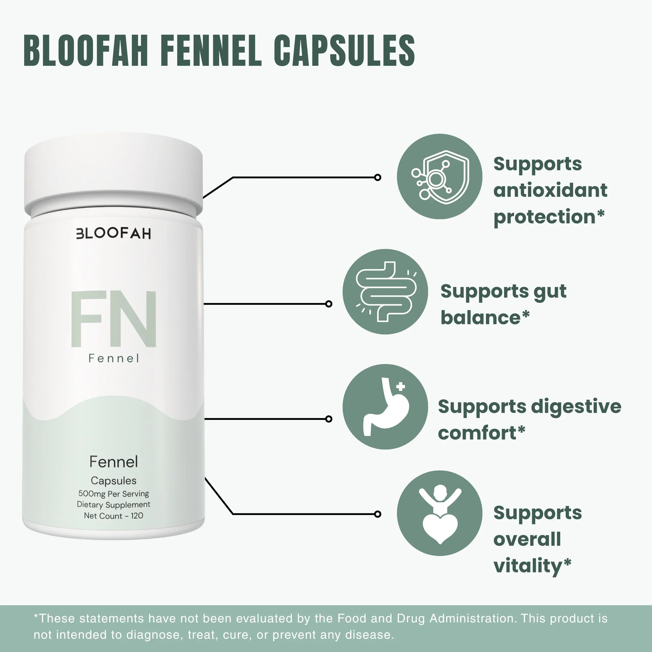 Bloofah FN – Fennel Capsules 500mg | Digestion & Gut Comfort Support (120 Capsules)