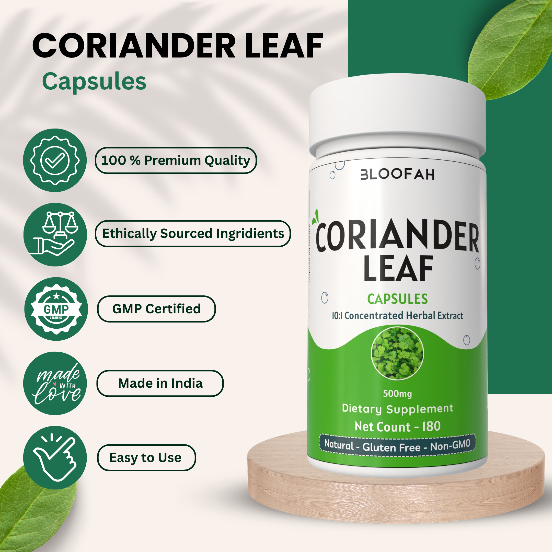 Bloofah Coriander Leaf Extract Capsules 500mg | Pure Coriander (Coriandrum sativum) Leaf Powder Extra Stength Eq. to 5000mg Per Serving | Rich Vitamin A & C | Natural Body Cleansing & Detox