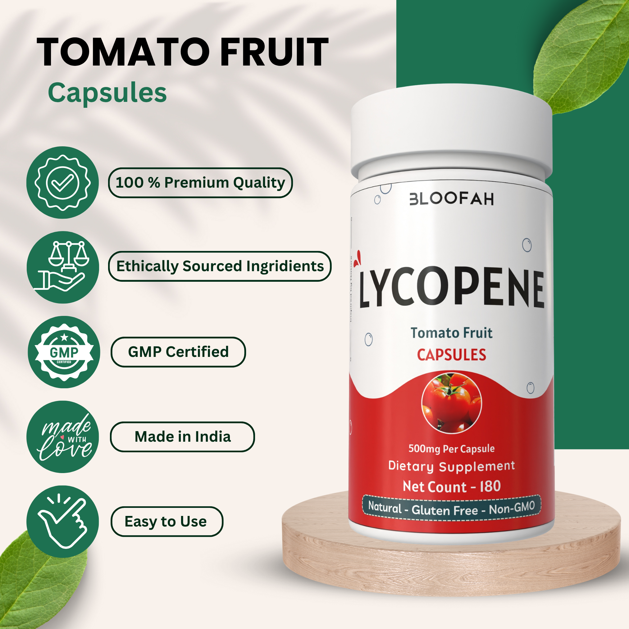 Bloofah Tomato Fruit Powder Capsules 500mg | Rich in Natural Lycopene | Natural Carotenoid Supplement For Health And Wellness Support | Non-GMO, Gluten-Free
