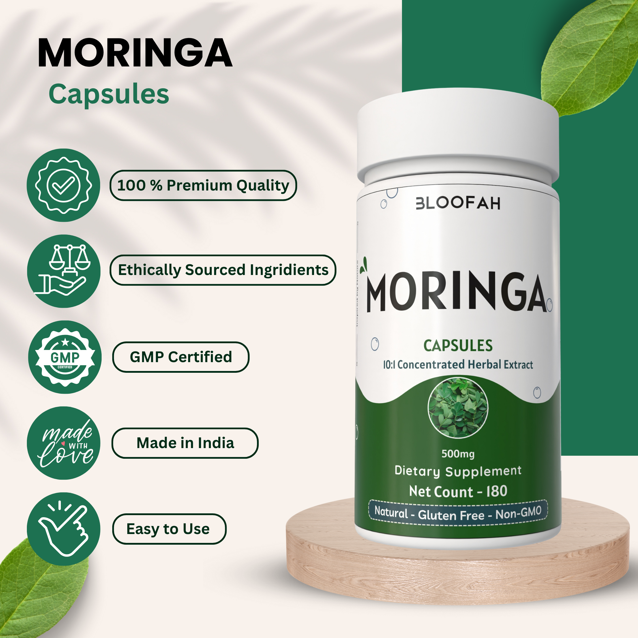 Bloofah Moringa Capsules 500mg | Natural Superfood Supplement for Vitality | 100% Pure Moringa Oleifera Leaf Extract 10:1 Powder | Nutrient-Rich Vegetarian Green Superfood