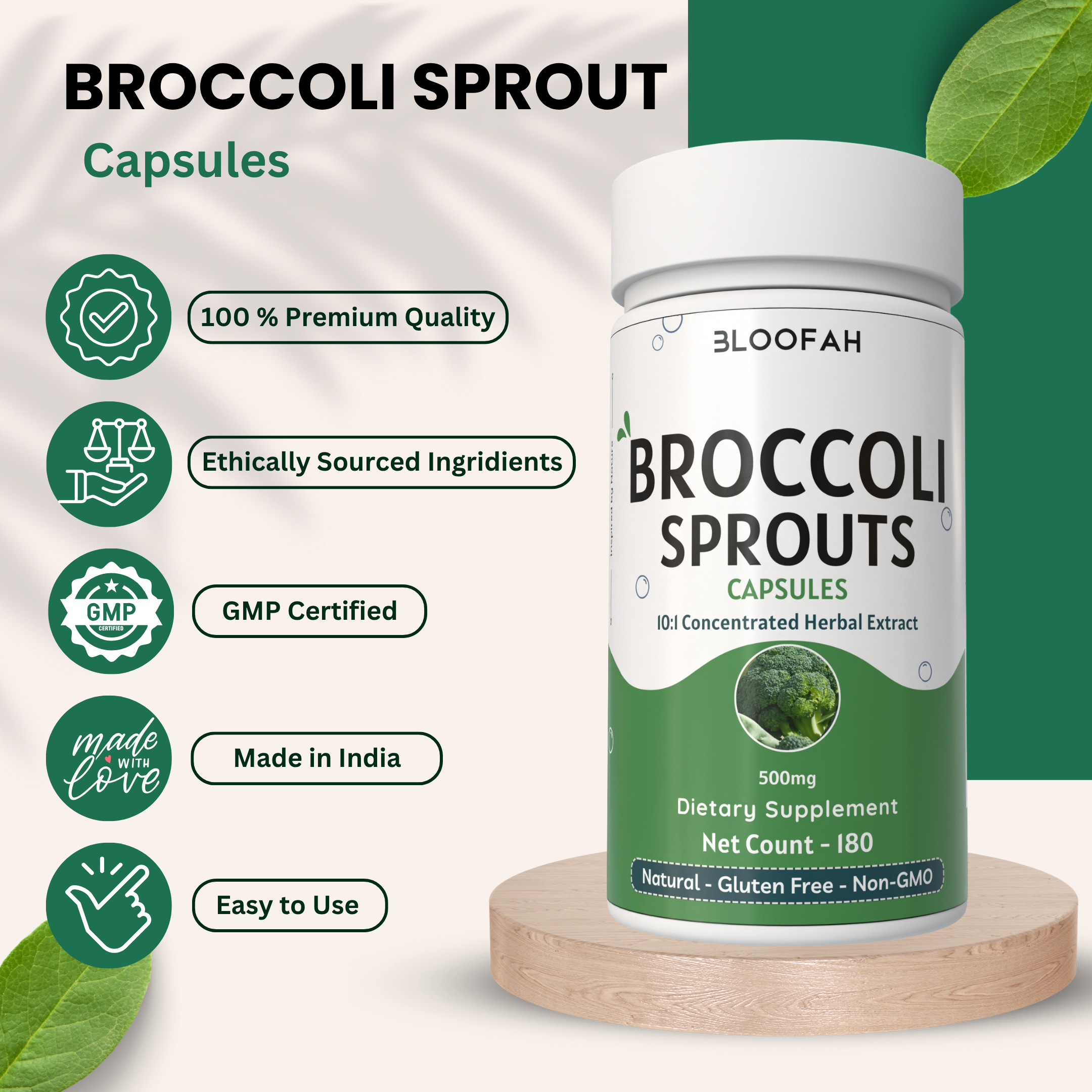 Bloofah Broccoli Sprout Extract Supplement 500mg | Broccoli Sprout (Brassica oleracea VAR. Italica) Extract 10:1 Powder | 100% Pure, Natural, Gluten-Free Formula Herbal Supplements