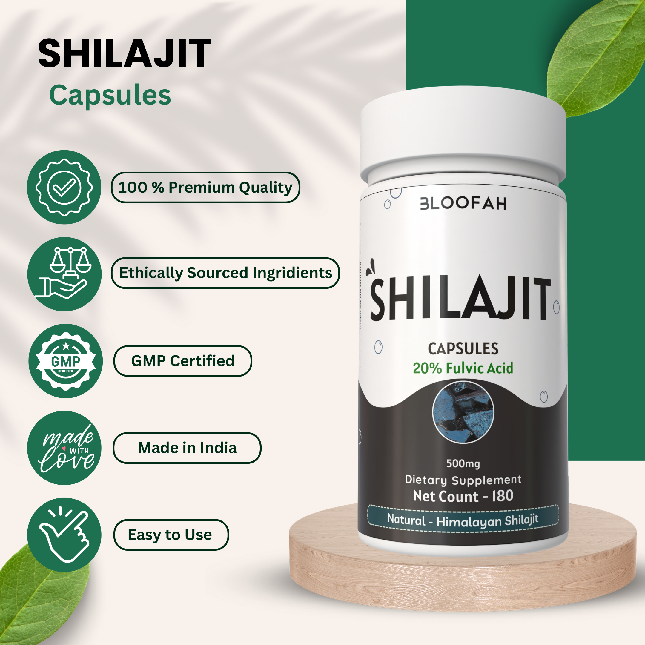 Bloofah Shilajit Capsules 500mg | Himalayan Shilajit Supplement for Men - (High in Trace Minerals, No Fillers) Premium Shilajit Extract 20% (from India) Natural, Non GMO