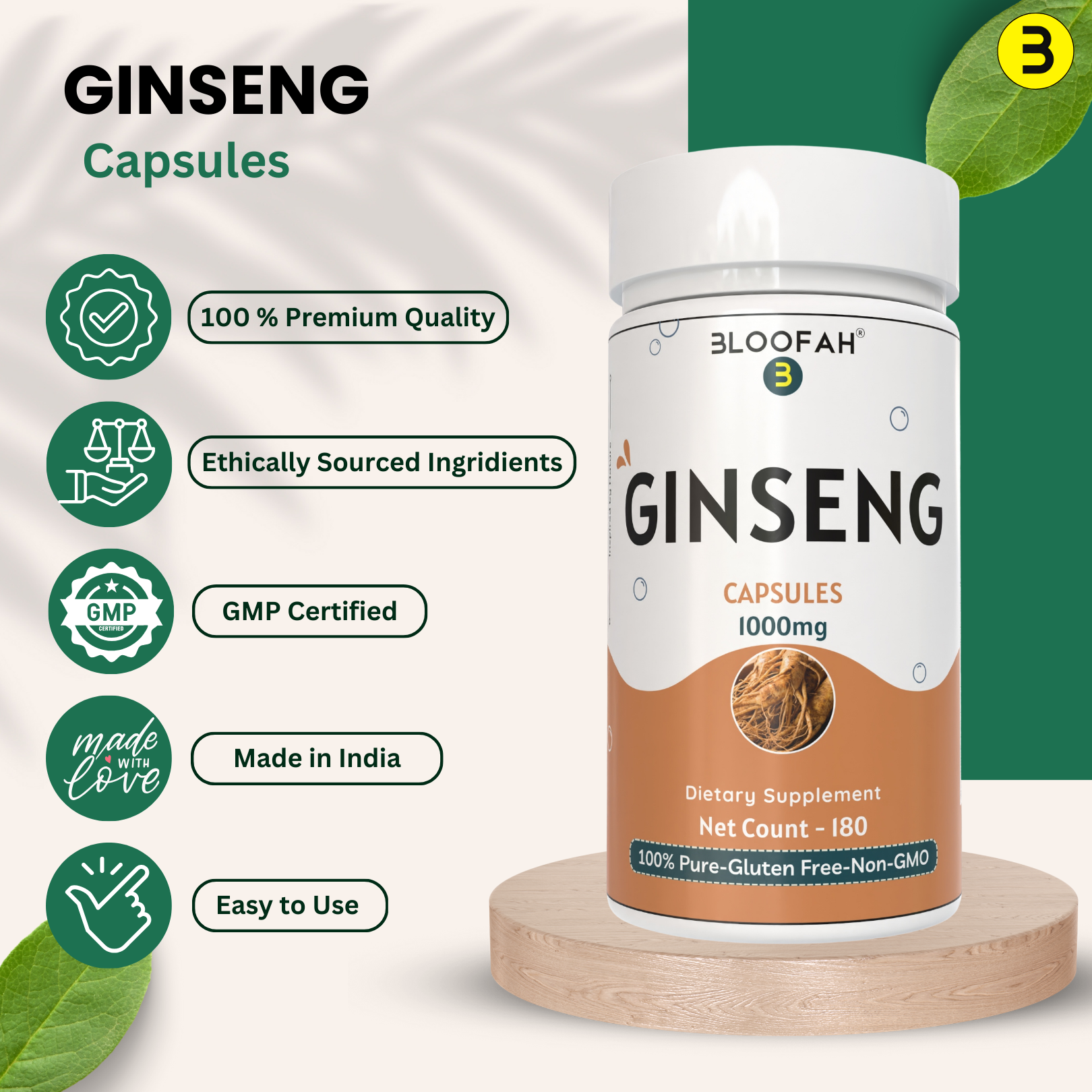 Bloofah Ginseng Capsules 1000mg | Natural Clean Supplement | 100% Pure Ginseng Root Powder Extra Strength, Non-GMO, Gluten-Free Formula Herbal Supplement for Overall Health