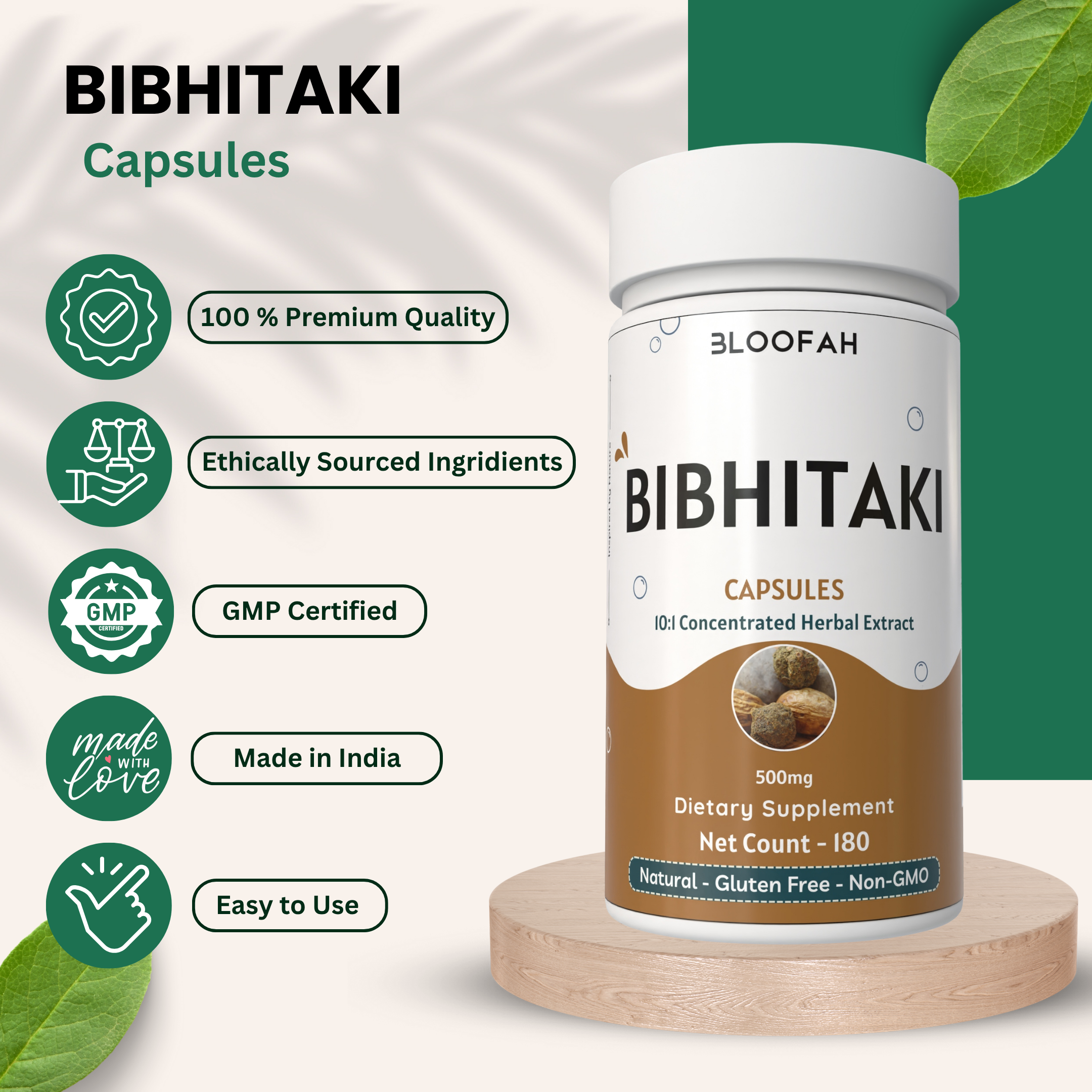 Bloofah Bibhitaki Capsules 500mg | 100% Natural Bibhitaki (Terminalia bellirica) Fruit Powder Extract 10:1 Per Serving 5000mg | Gluten Free & Non-GMO Formula for Overall Health Wellness