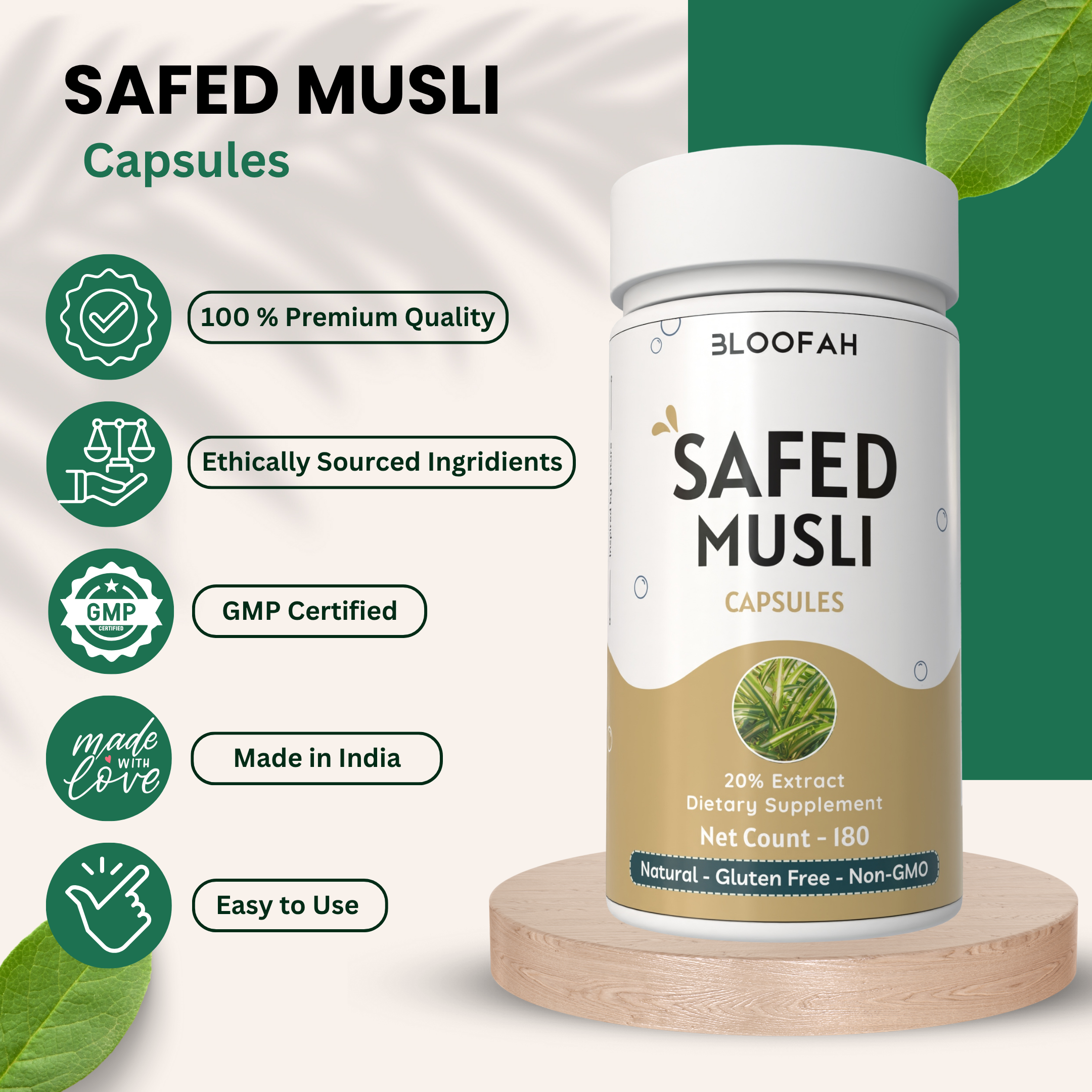 Bloofah Safed Musli Capsules 500mg | Non-GMO, Gluten Free, Natural Herbal Supplements | 100% Pure, Organic Safed Musli Extract 20% (Chlorophytum borivilianum) Powder Extra Strength