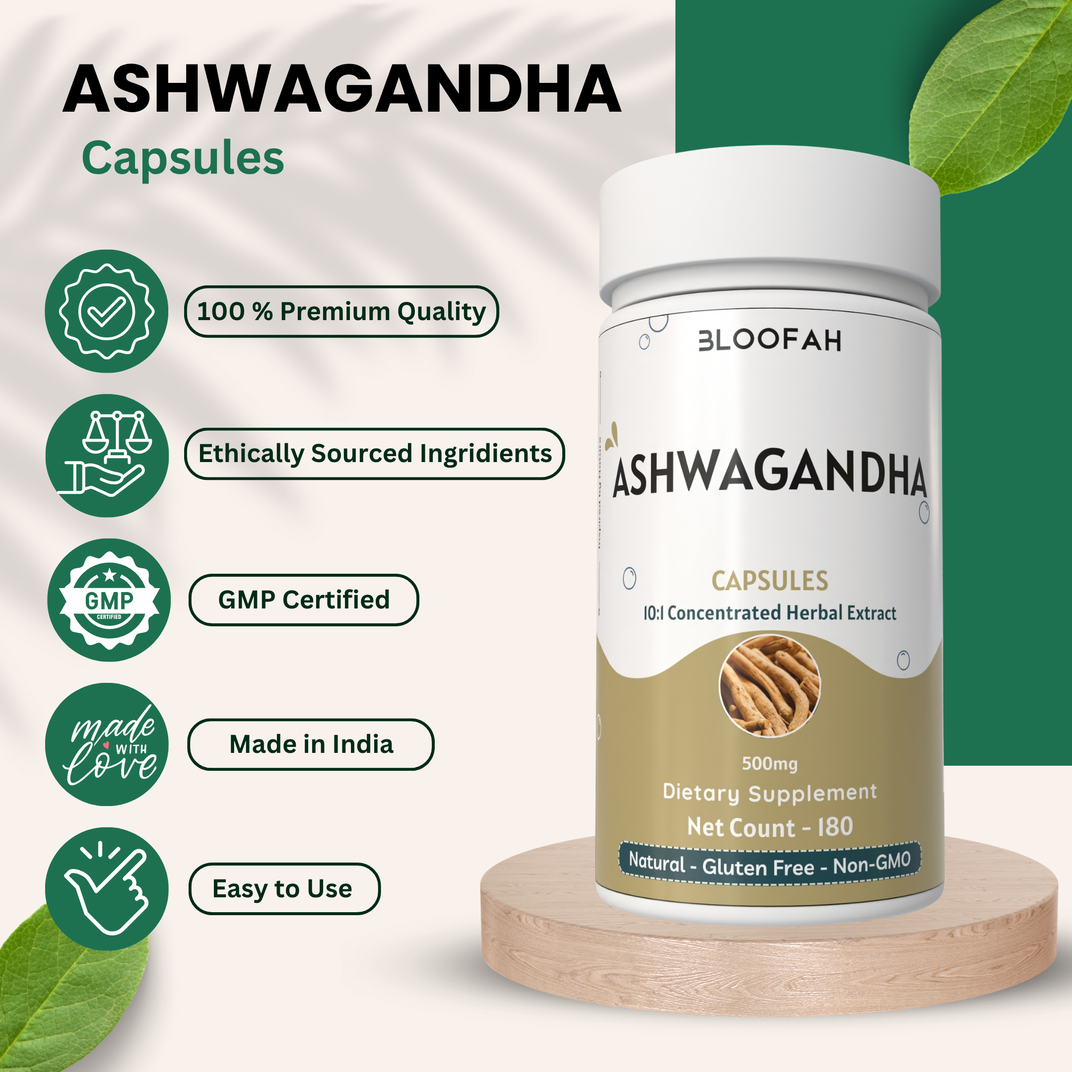 Bloofah Ashwagandha Capsules 500mg - (Withania somnifera) 10:1 Extract Powder, 100% Natural & Pure, Non-GMO, Gluten-Free, Extra Strength Herbal Suppleemnt for Men & Women