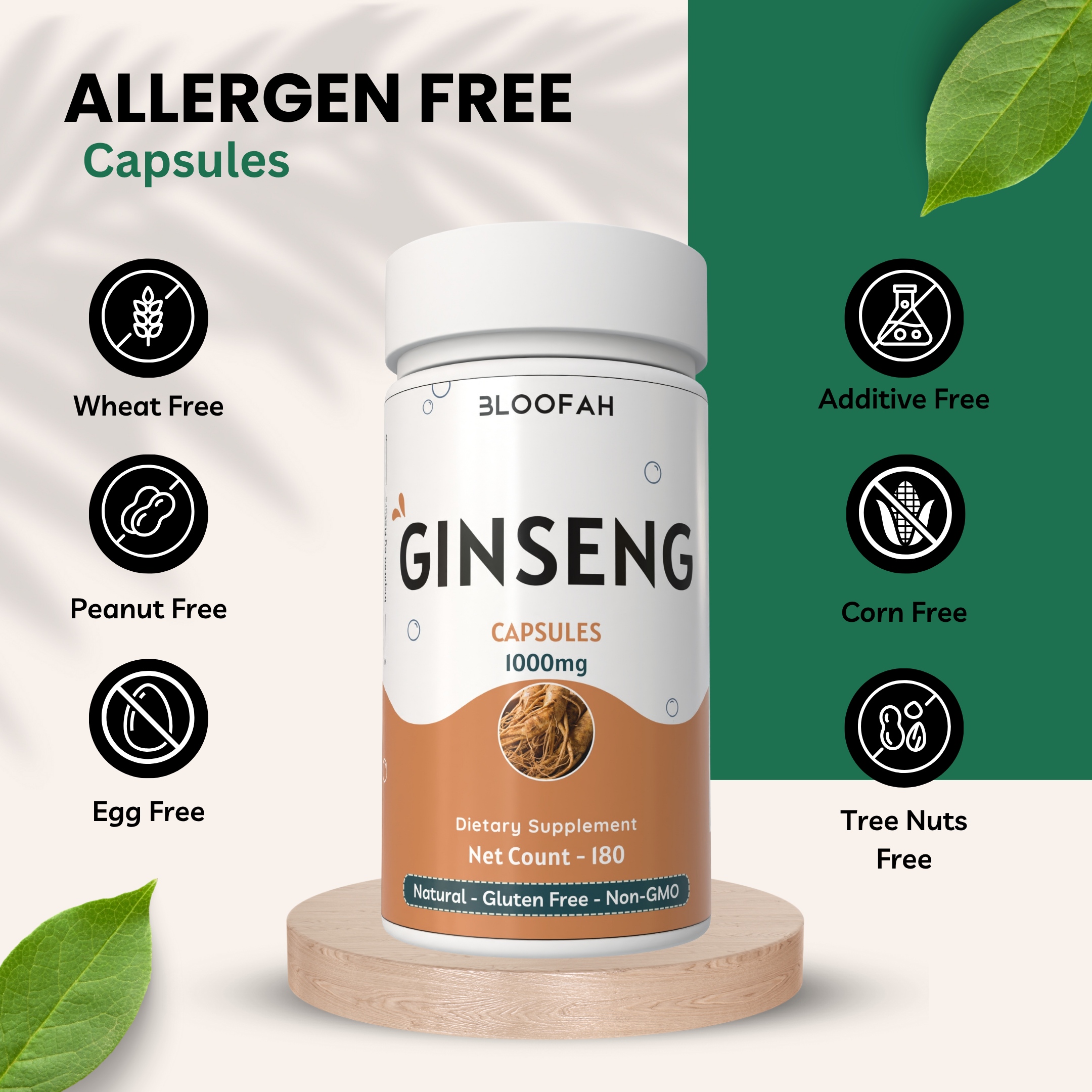 Bloofah Ginseng Capsules 1000mg | Natural Clean Supplement | 100% Pure Ginseng Root Powder Extra Strength, Non-GMO, Gluten-Free Formula Herbal Supplement for Overall Health