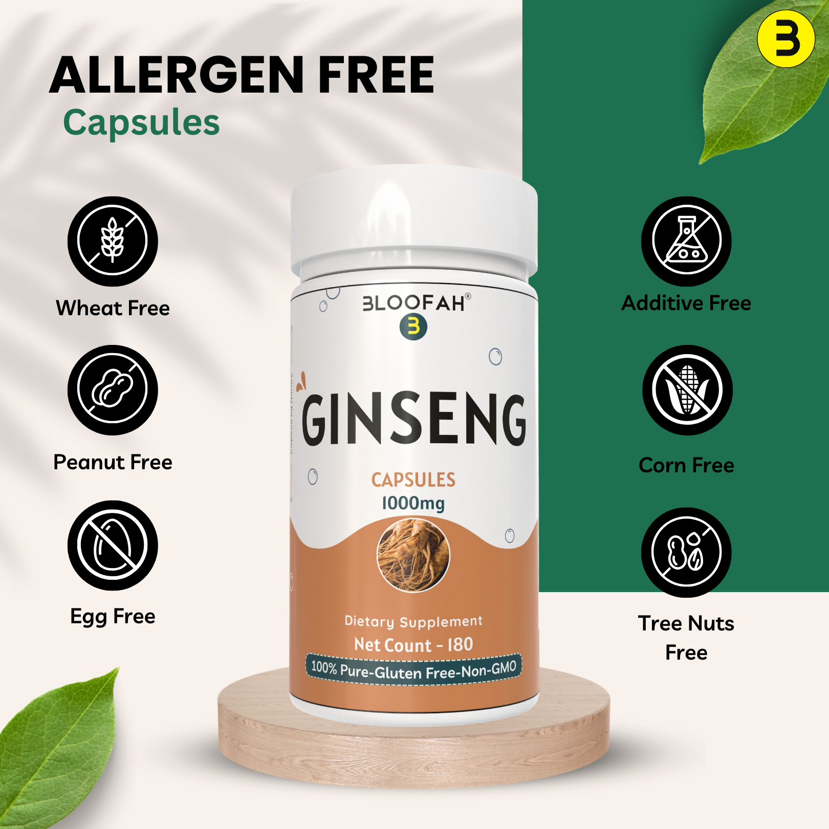 Bloofah Ginseng Capsules 1000mg | Natural Clean Supplement | 100% Pure Ginseng Root Powder Extra Strength, Non-GMO, Gluten-Free Formula Herbal Supplement for Overall Health
