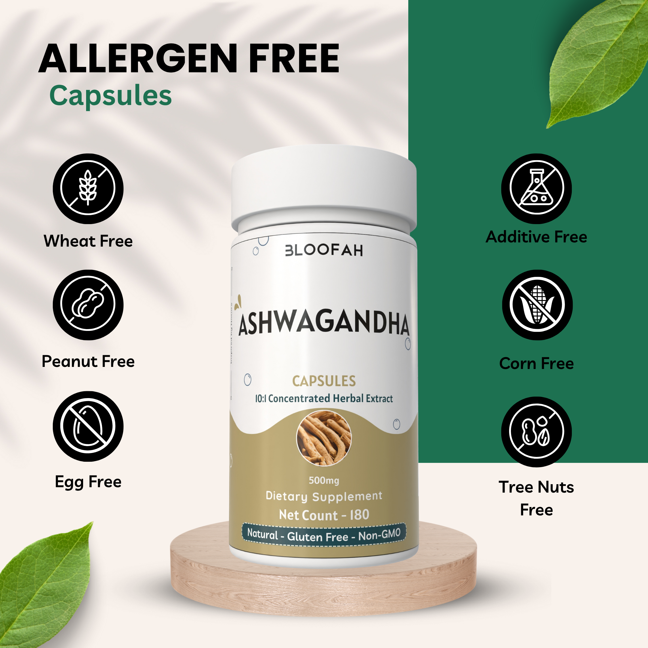 Bloofah Ashwagandha Capsules 500mg - (Withania somnifera) 10:1 Extract Powder, 100% Natural & Pure, Non-GMO, Gluten-Free, Extra Strength Herbal Suppleemnt for Men & Women