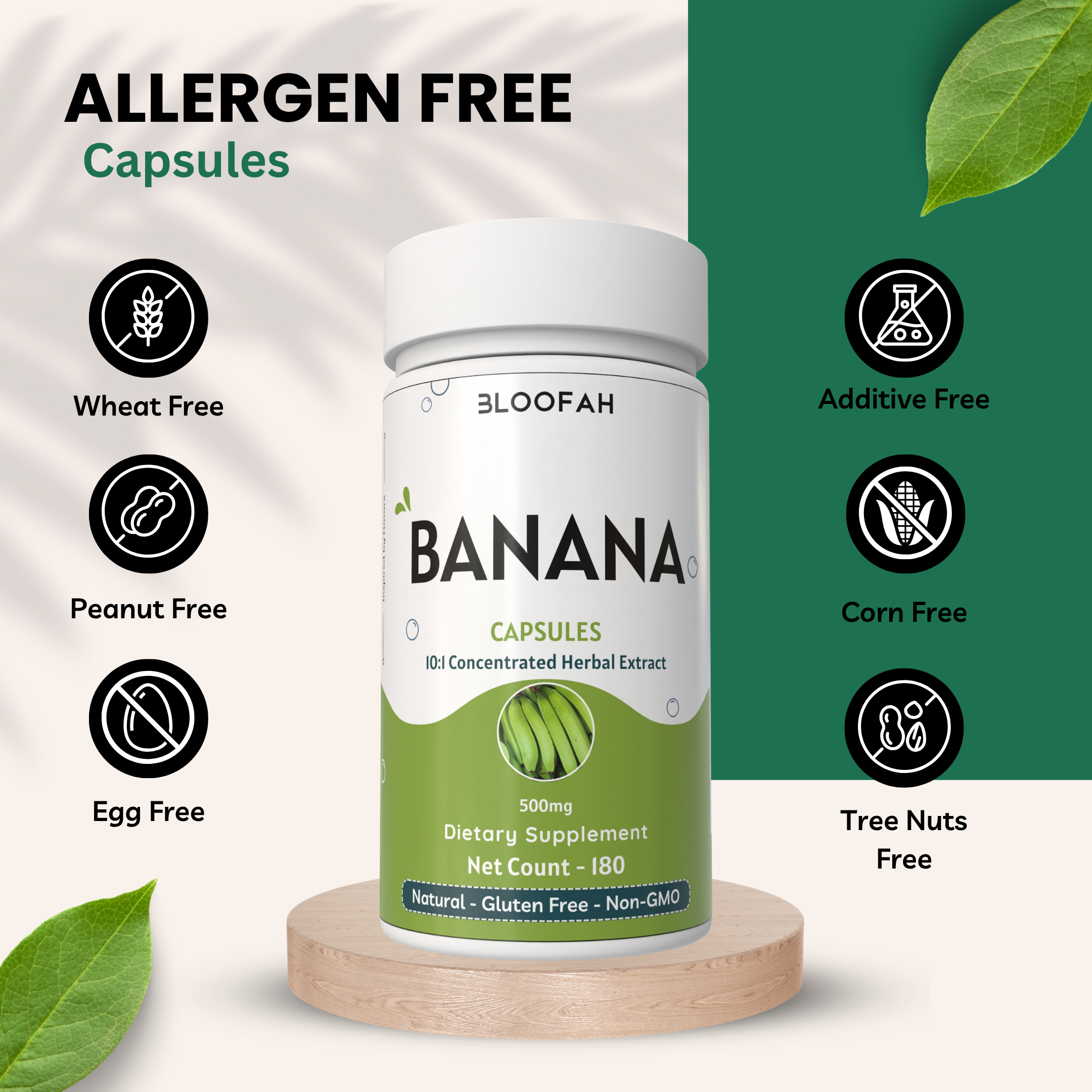 Bloofah Banana Capsules 500mg | 100% Pure Dried Banana Fruit Extract (Musa sp.) Powder Per Serving Eq. to 5000mg | Gluten Free Natural Herbal Supplement Rich in Potassium