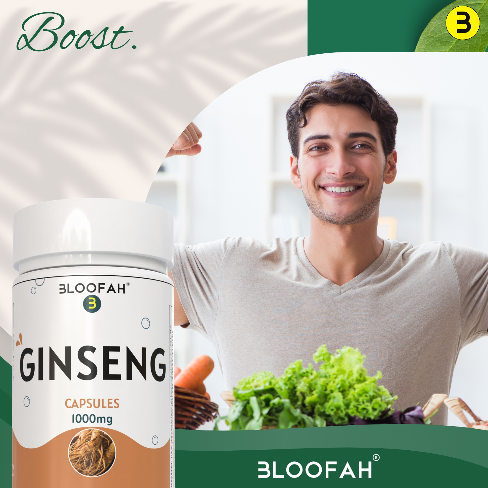 Bloofah Ginseng Capsules 1000mg | Natural Clean Supplement | 100% Pure Ginseng Root Powder Extra Strength, Non-GMO, Gluten-Free Formula Herbal Supplement for Overall Health