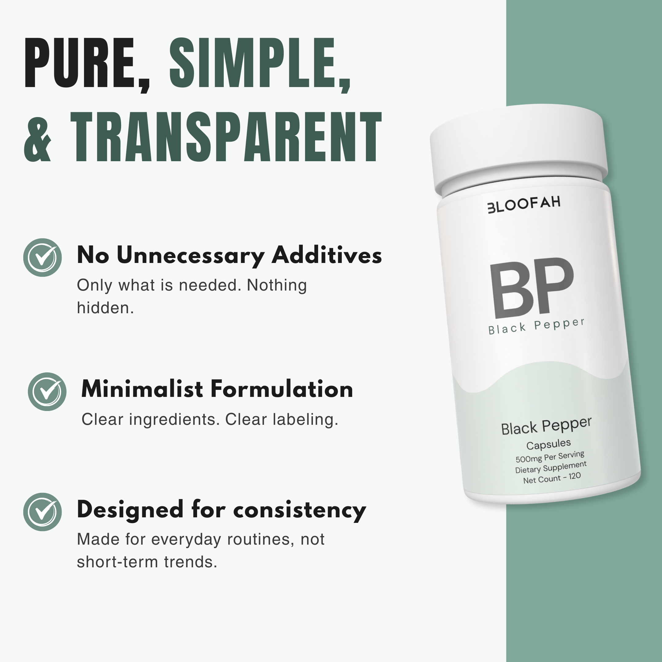 Bloofah BP – Black Pepper Capsules 500mg | Absorption & Digestion Support (120 Capsules)