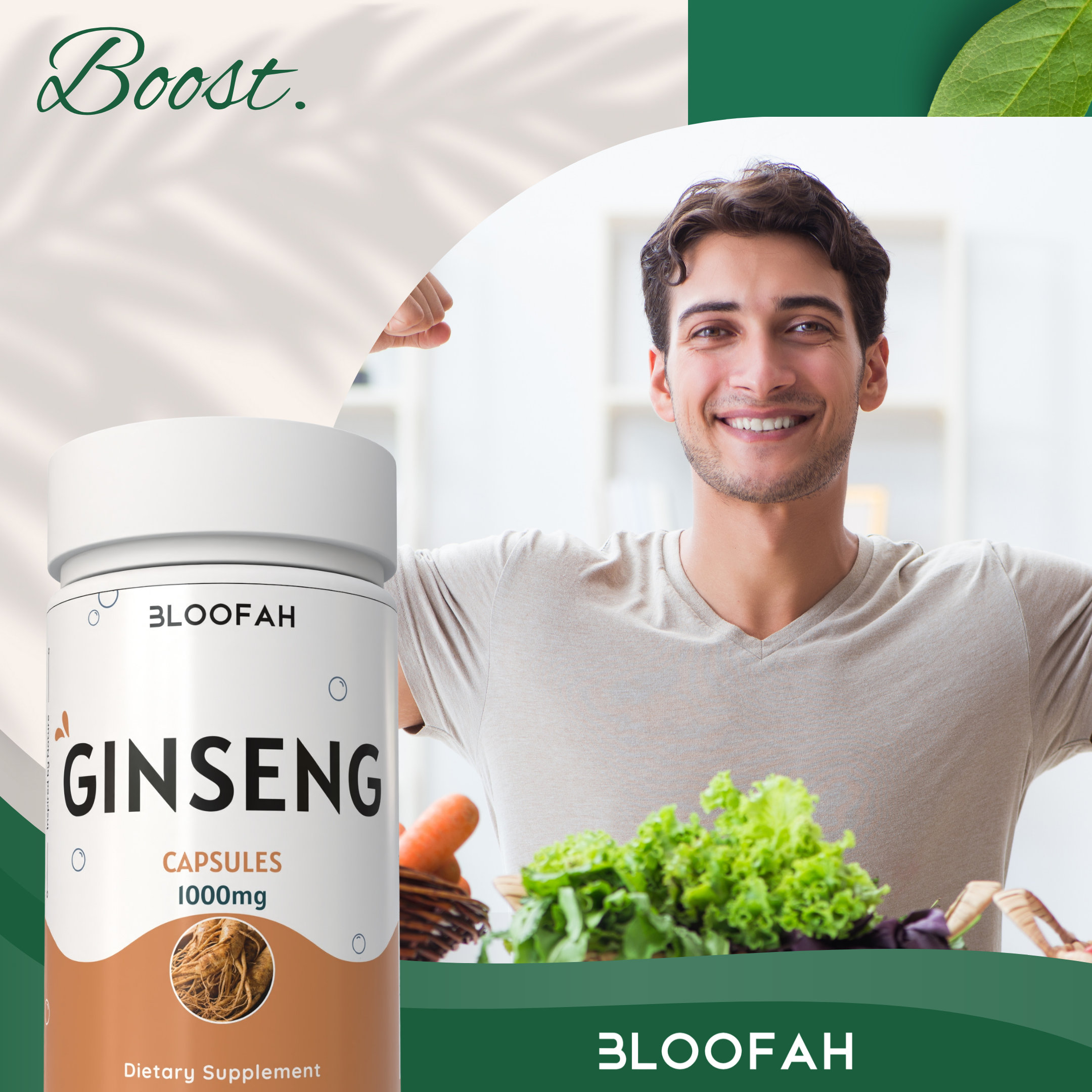 Bloofah Ginseng Capsules 1000mg | Natural Clean Supplement | 100% Pure Ginseng Root Powder Extra Strength, Non-GMO, Gluten-Free Formula Herbal Supplement for Overall Health