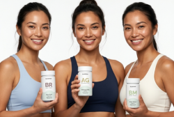 Three women in athletic wear holding white supplement containers against a plain white background.